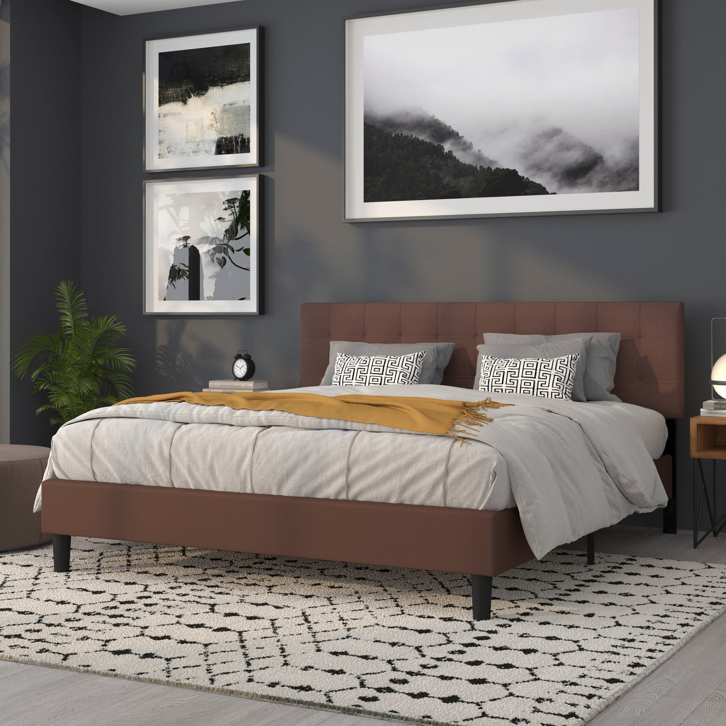 Bedford Tufted Upholstered King Size Headboard in Dark Brown Fabric Dark Brown
