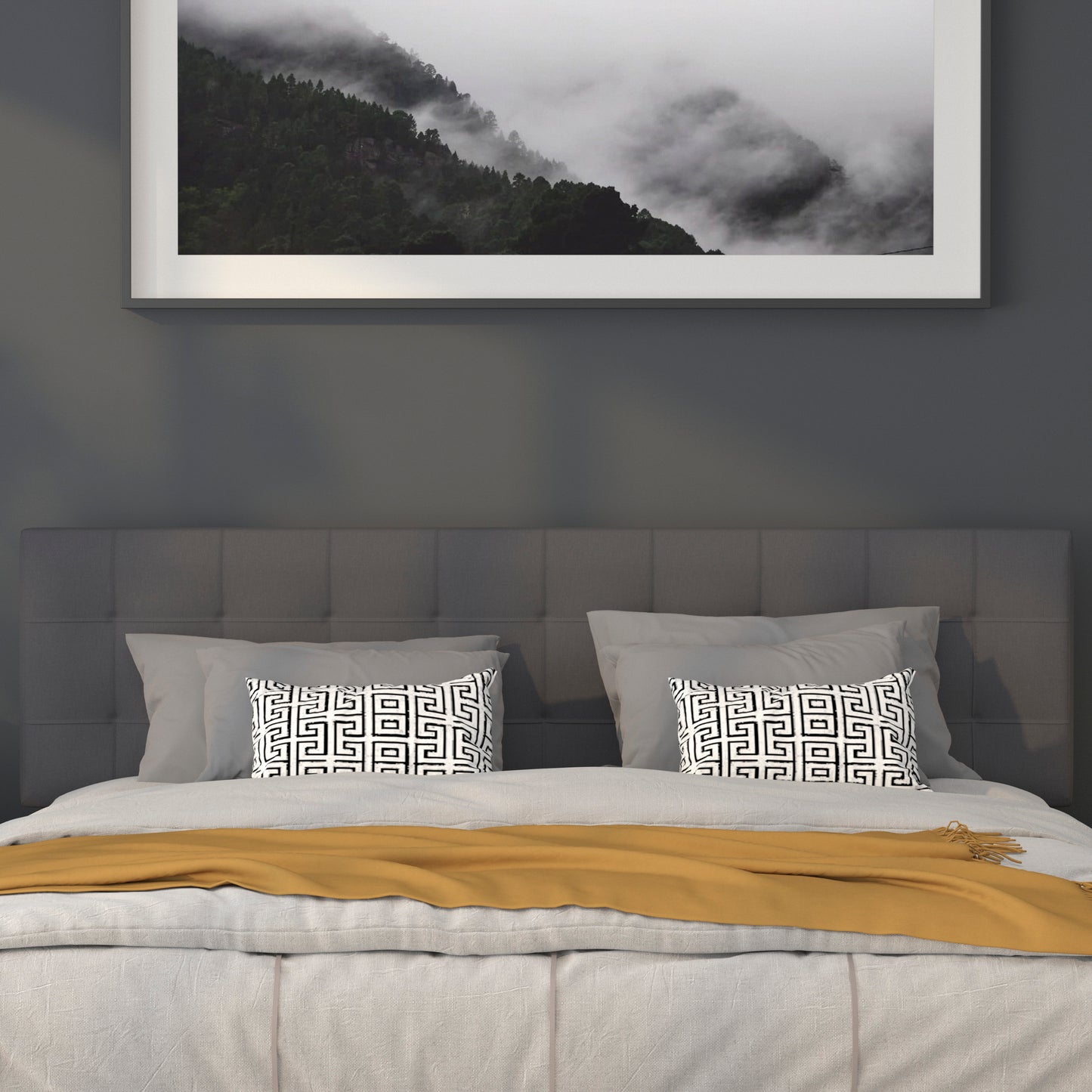 Bedford Tufted Upholstered King Size Headboard in Dark Gray Fabric Dark Gray