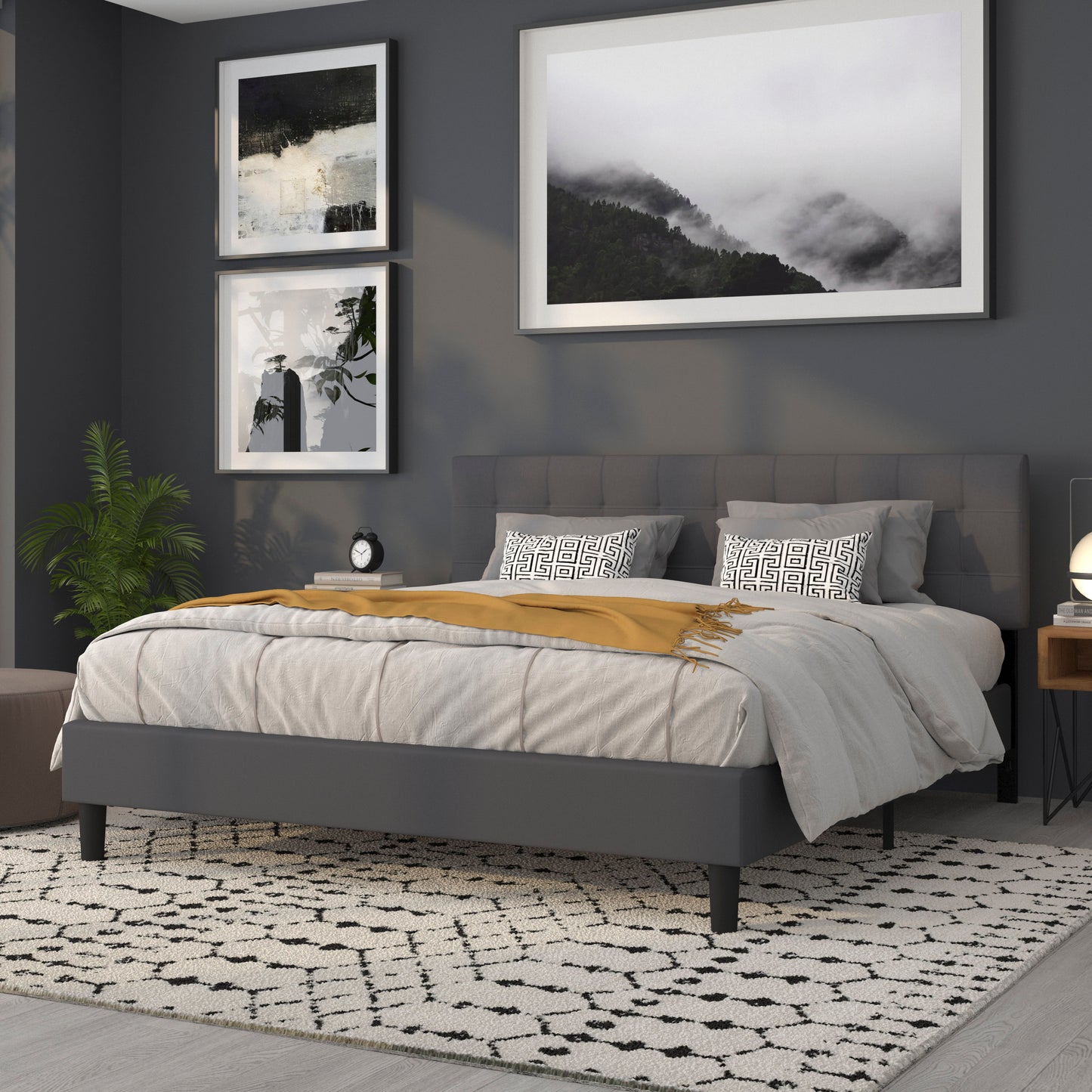 Bedford Tufted Upholstered King Size Headboard in Dark Gray Fabric Dark Gray