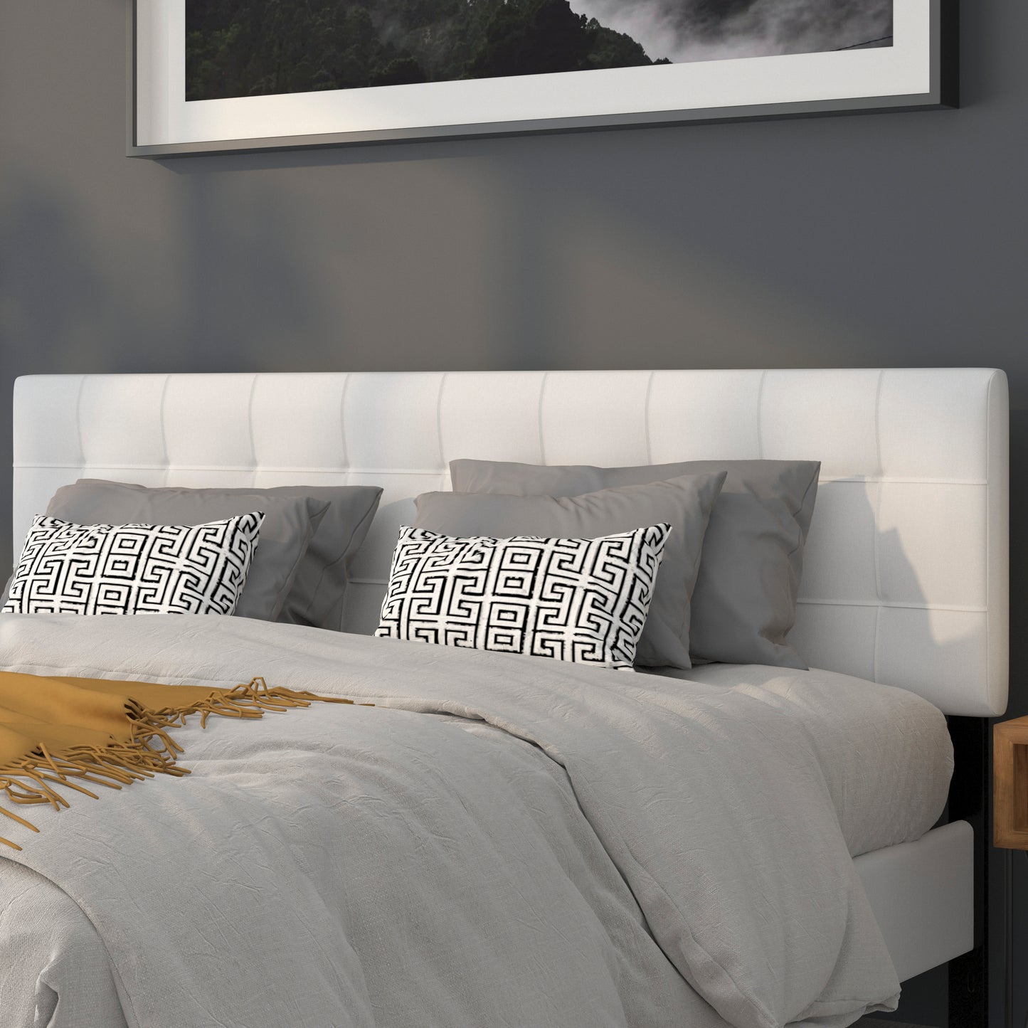 Bedford Tufted Upholstered King Size Headboard in White Fabric White