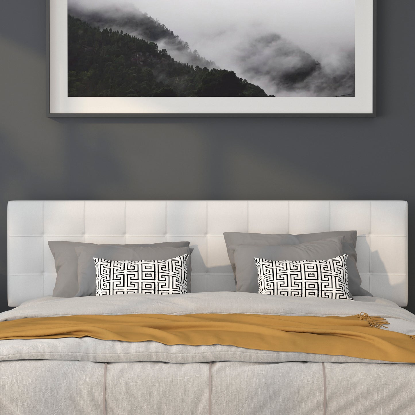 Bedford Tufted Upholstered King Size Headboard in White Fabric White