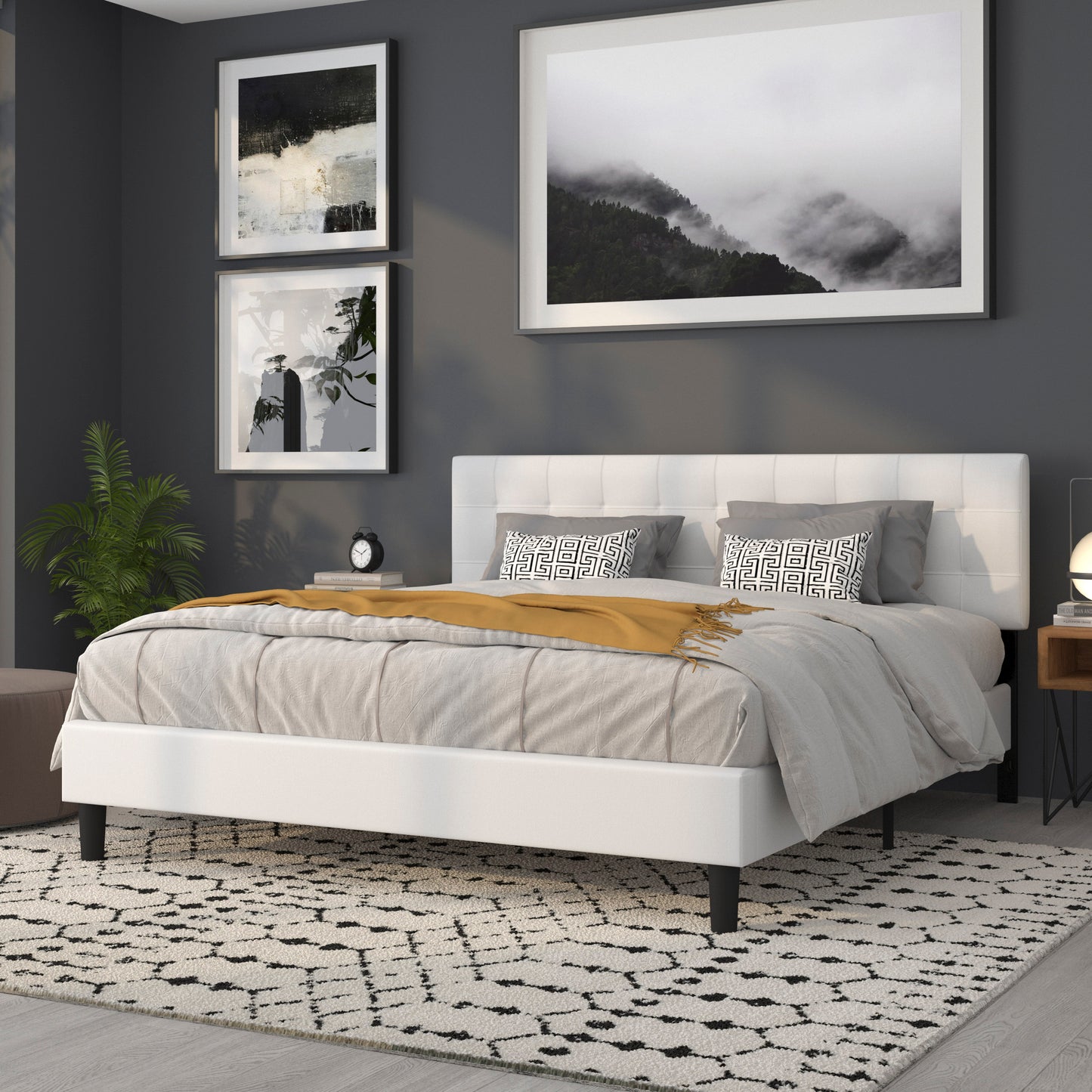 Bedford Tufted Upholstered King Size Headboard in White Fabric White