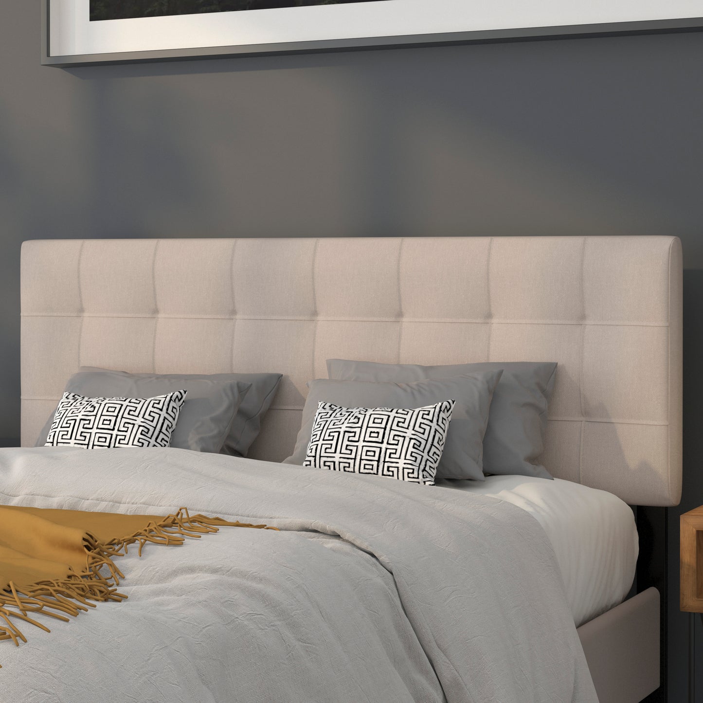 Bedford Tufted Upholstered Queen Size Headboard in Beige Fabric Beige