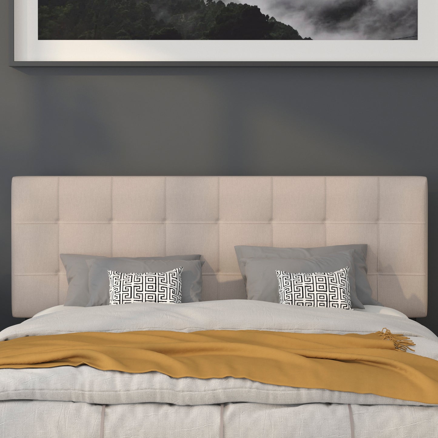 Bedford Tufted Upholstered Queen Size Headboard in Beige Fabric Beige