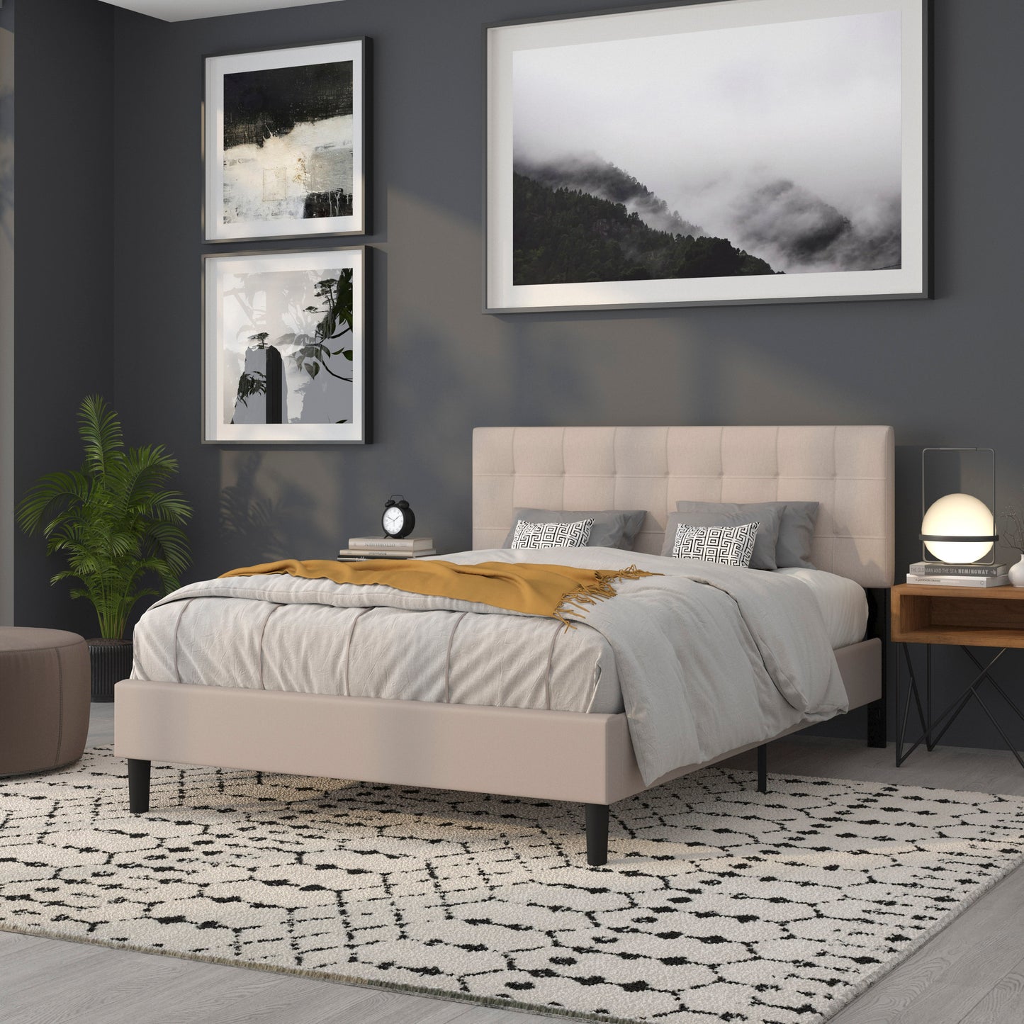 Bedford Tufted Upholstered Queen Size Headboard in Beige Fabric Beige