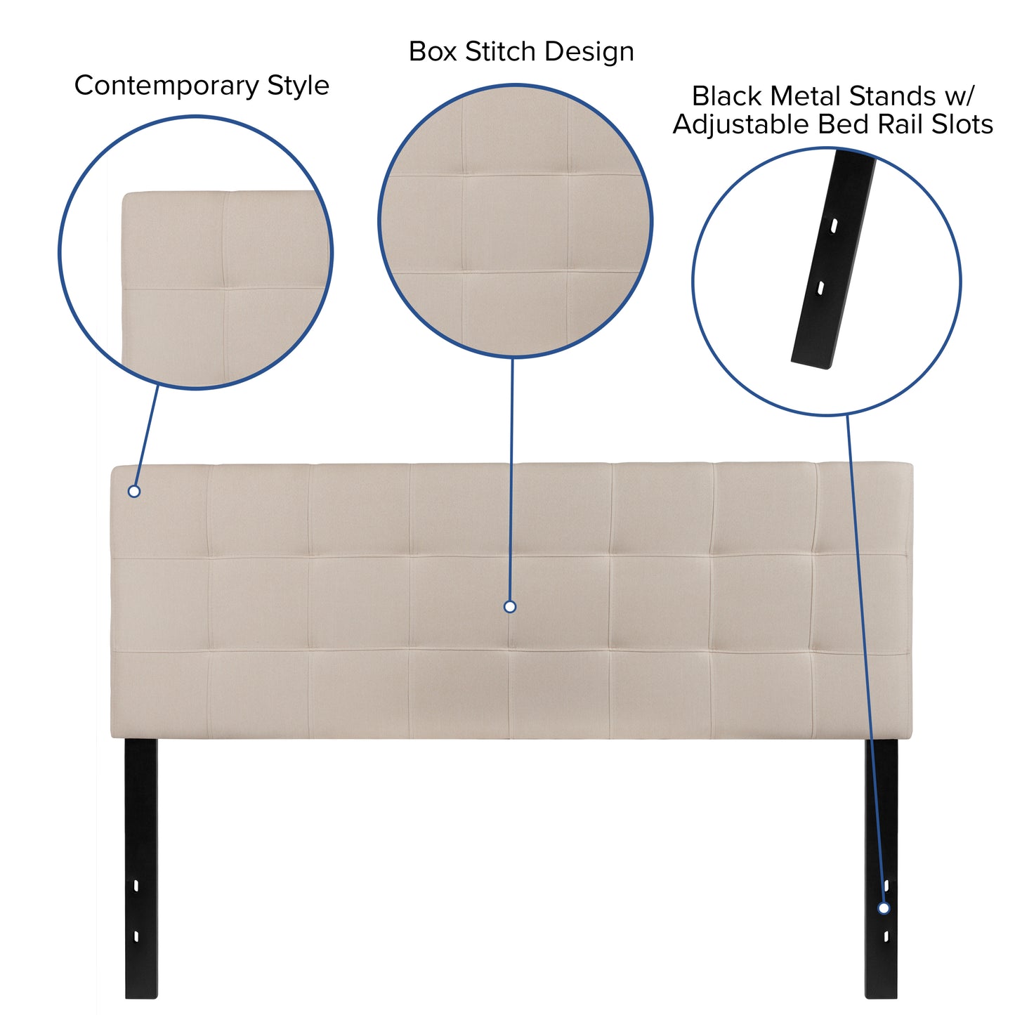 Bedford Tufted Upholstered Queen Size Headboard in Beige Fabric Beige