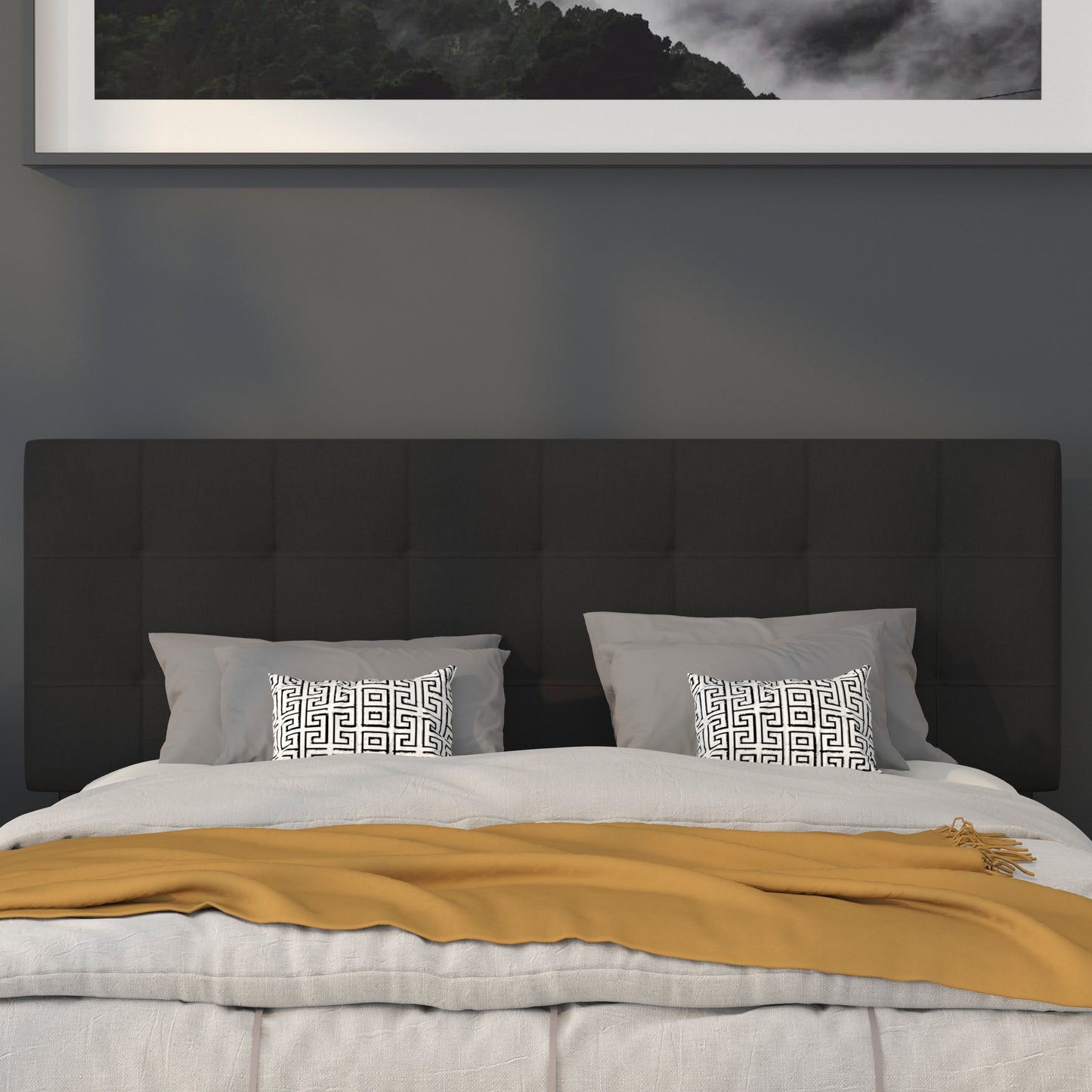 Bedford Tufted Upholstered Queen Size Headboard in Black Fabric Black