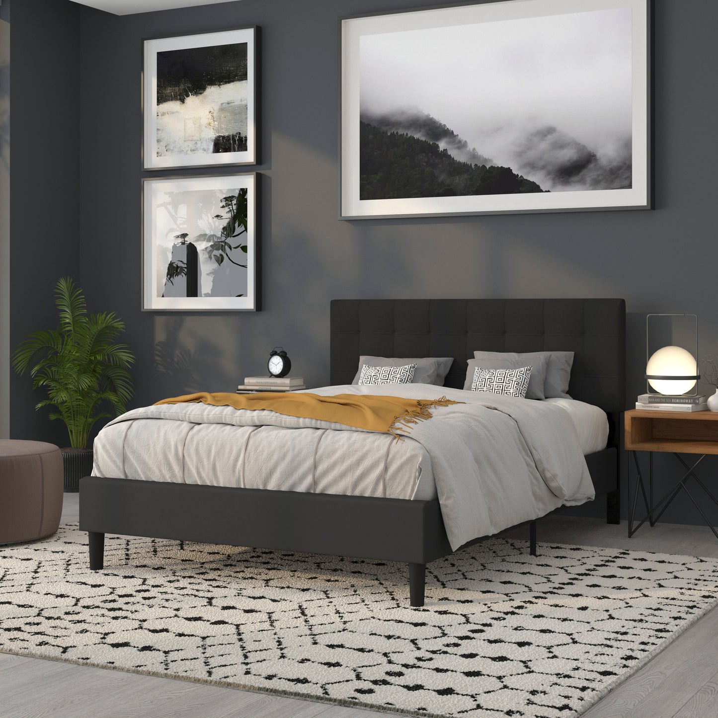 Bedford Tufted Upholstered Queen Size Headboard in Black Fabric Black