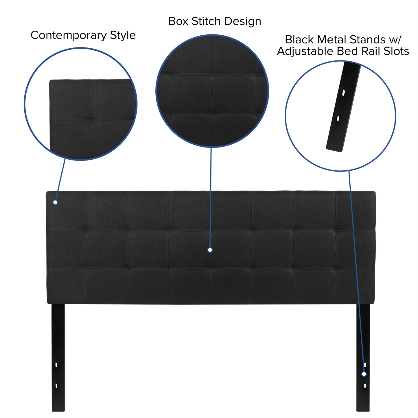 Bedford Tufted Upholstered Queen Size Headboard in Black Fabric Black