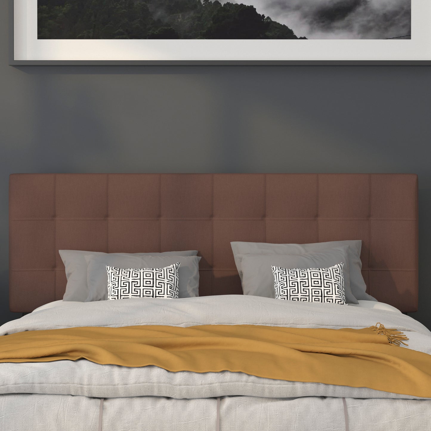 Bedford Tufted Upholstered Queen Size Headboard in Dark Brown Fabric Dark Brown
