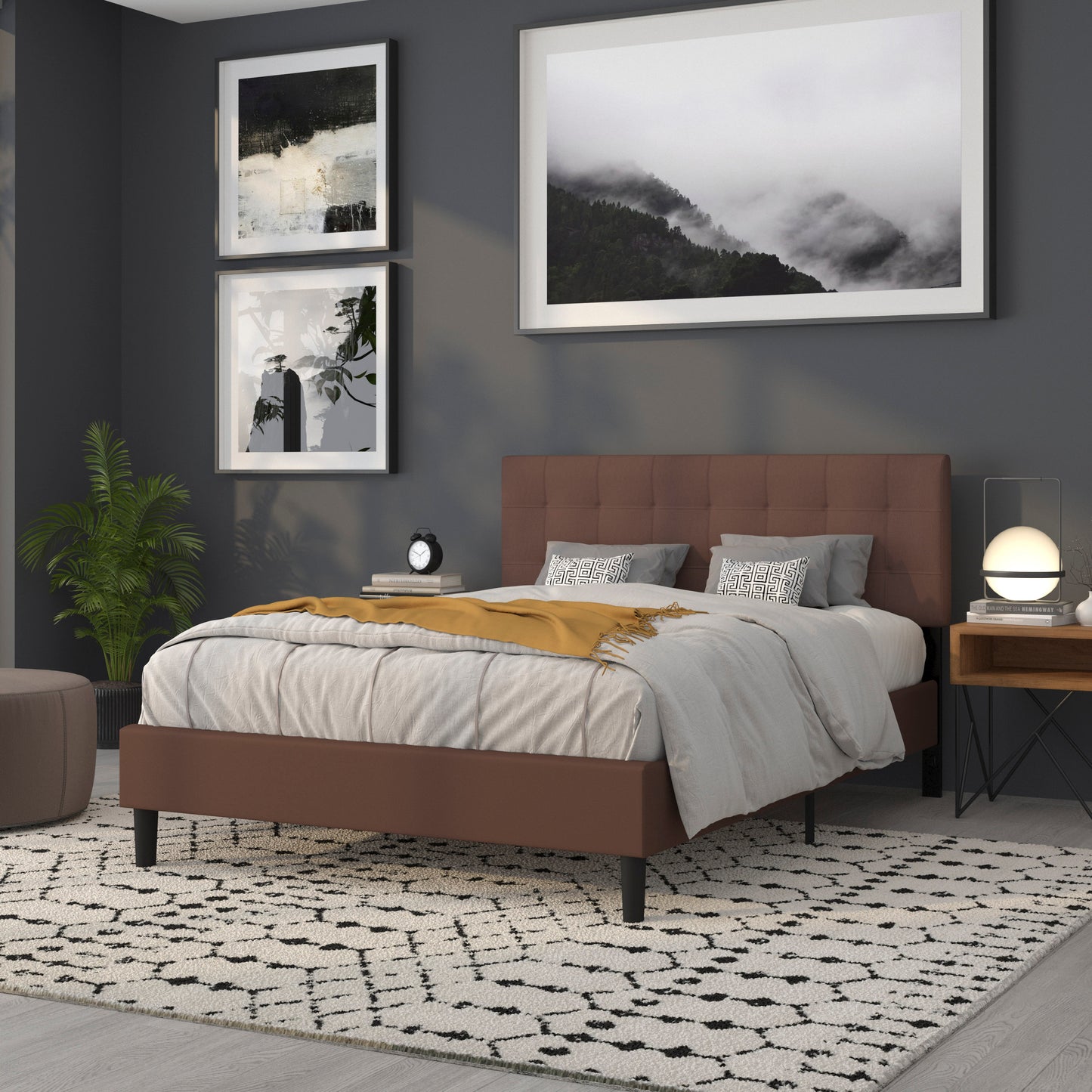 Bedford Tufted Upholstered Queen Size Headboard in Dark Brown Fabric Dark Brown