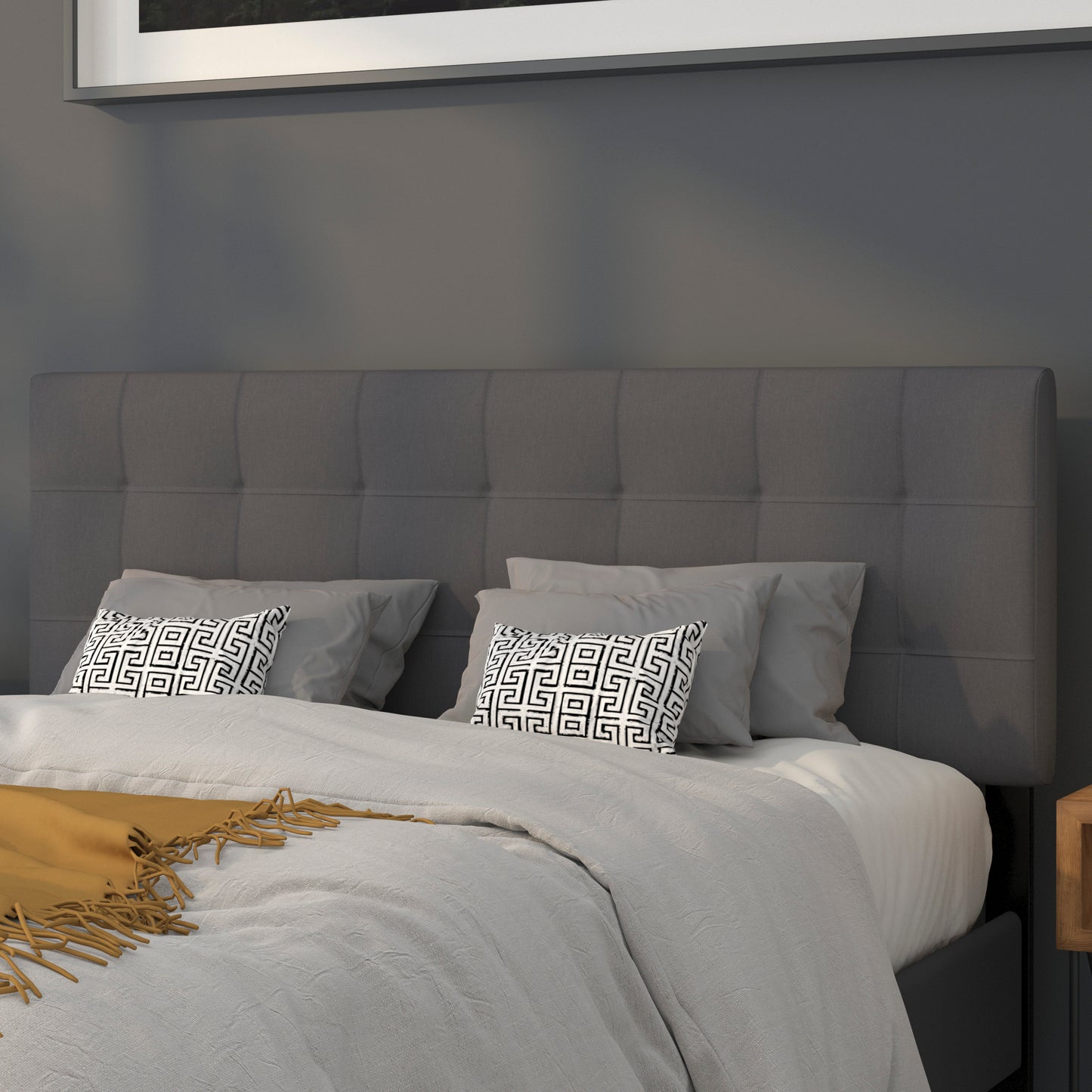 Bedford Tufted Upholstered Queen Size Headboard in Dark Gray Fabric Dark Gray