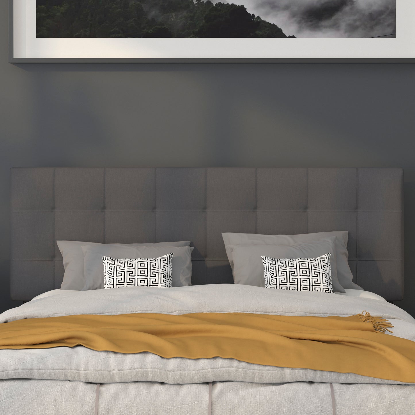 Bedford Tufted Upholstered Queen Size Headboard in Dark Gray Fabric Dark Gray