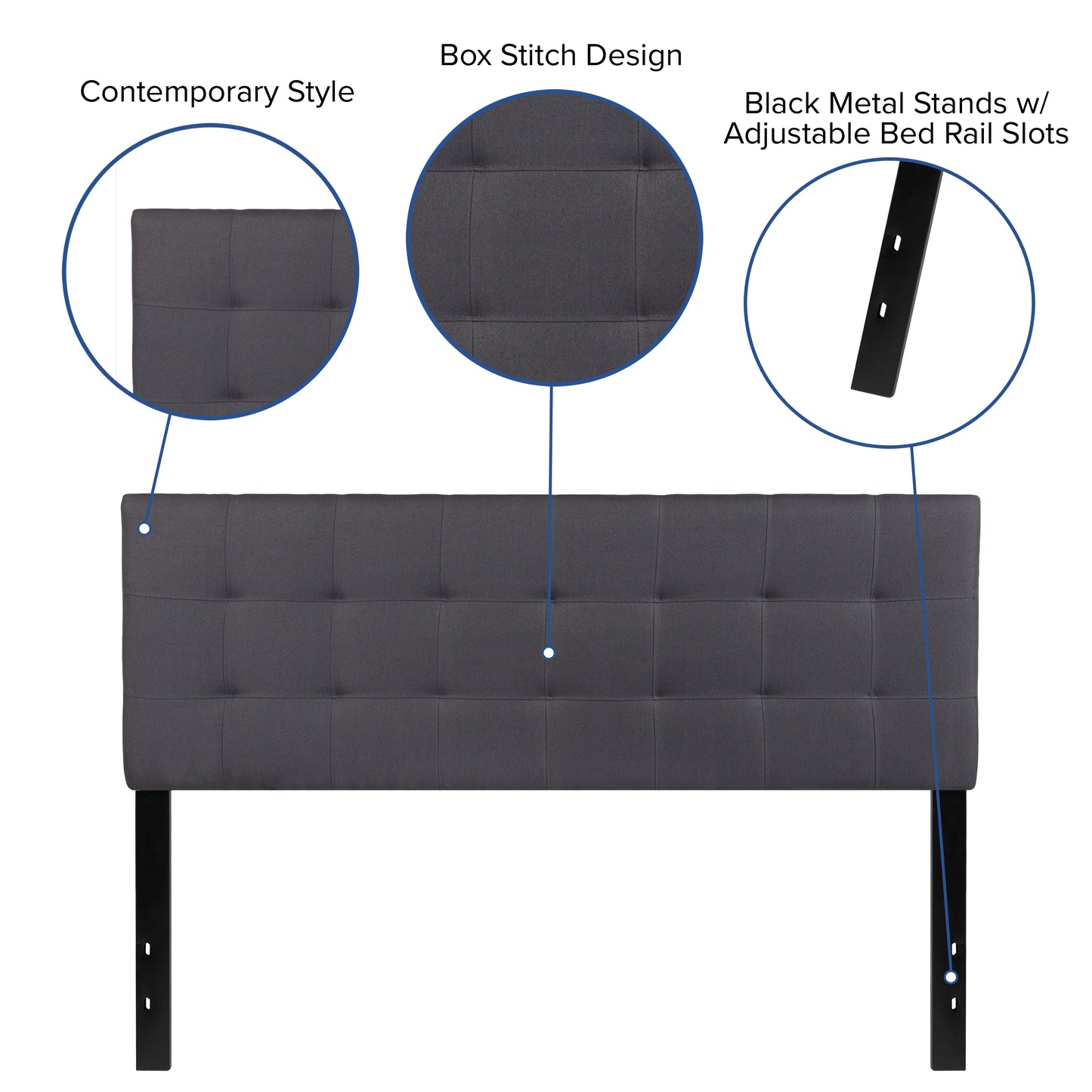 Bedford Tufted Upholstered Queen Size Headboard in Dark Gray Fabric Dark Gray