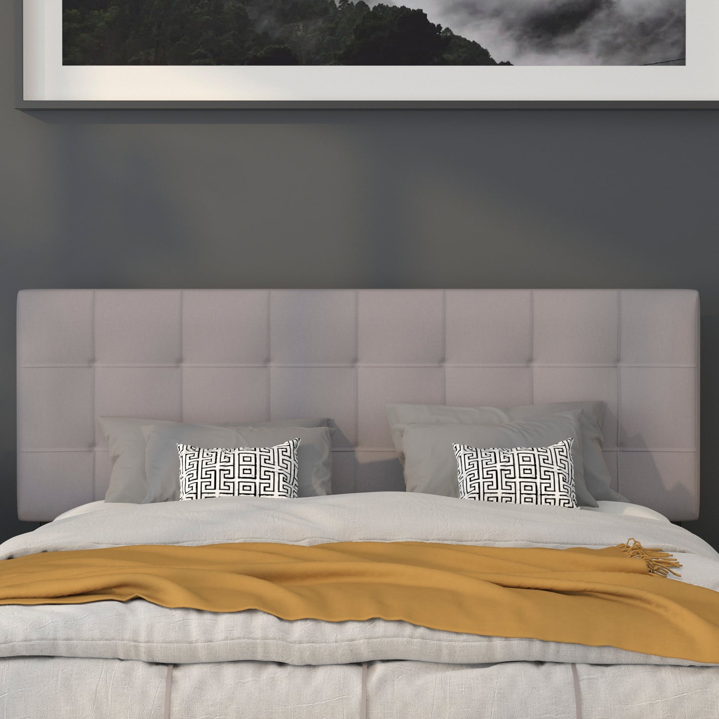 Bedford Tufted Upholstered Queen Size Headboard in Light Gray Fabric Light Gray