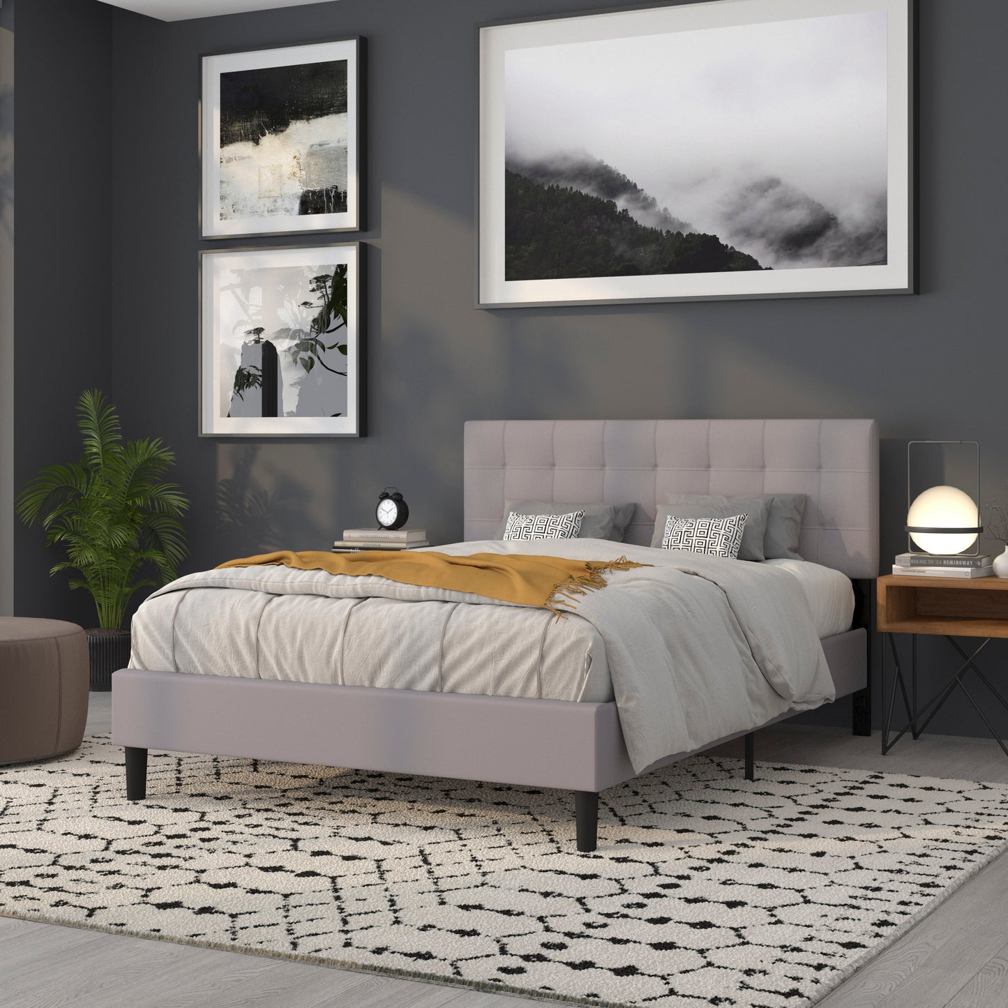 Bedford Tufted Upholstered Queen Size Headboard in Light Gray Fabric Light Gray