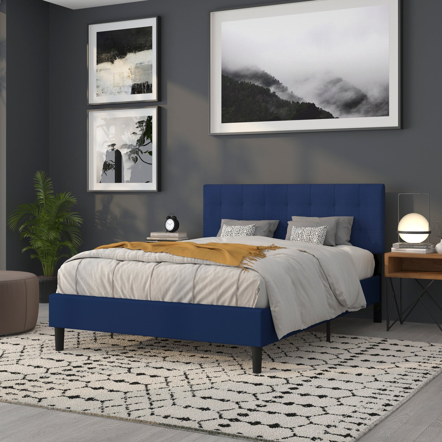 Bedford Tufted Upholstered Queen Size Headboard in Navy Fabric Navy