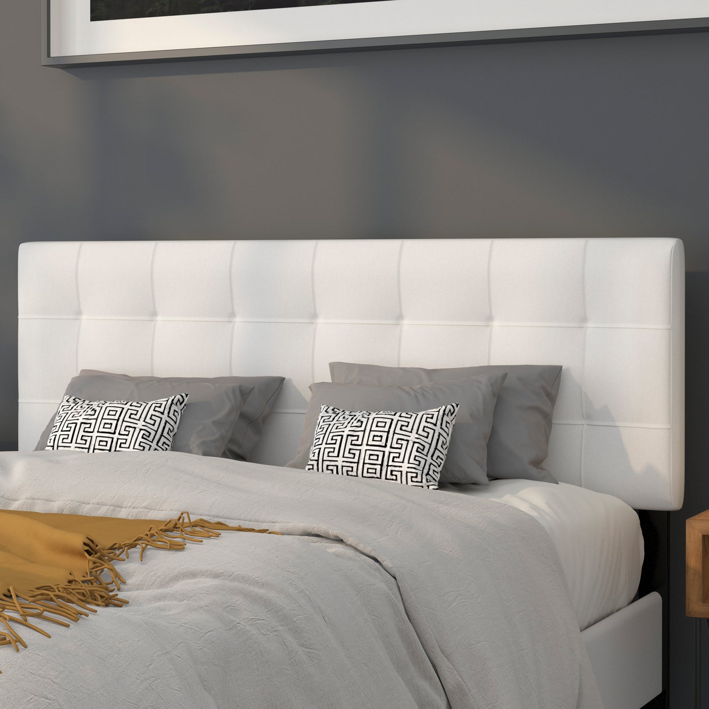 Bedford Tufted Upholstered Queen Size Headboard in White Fabric White