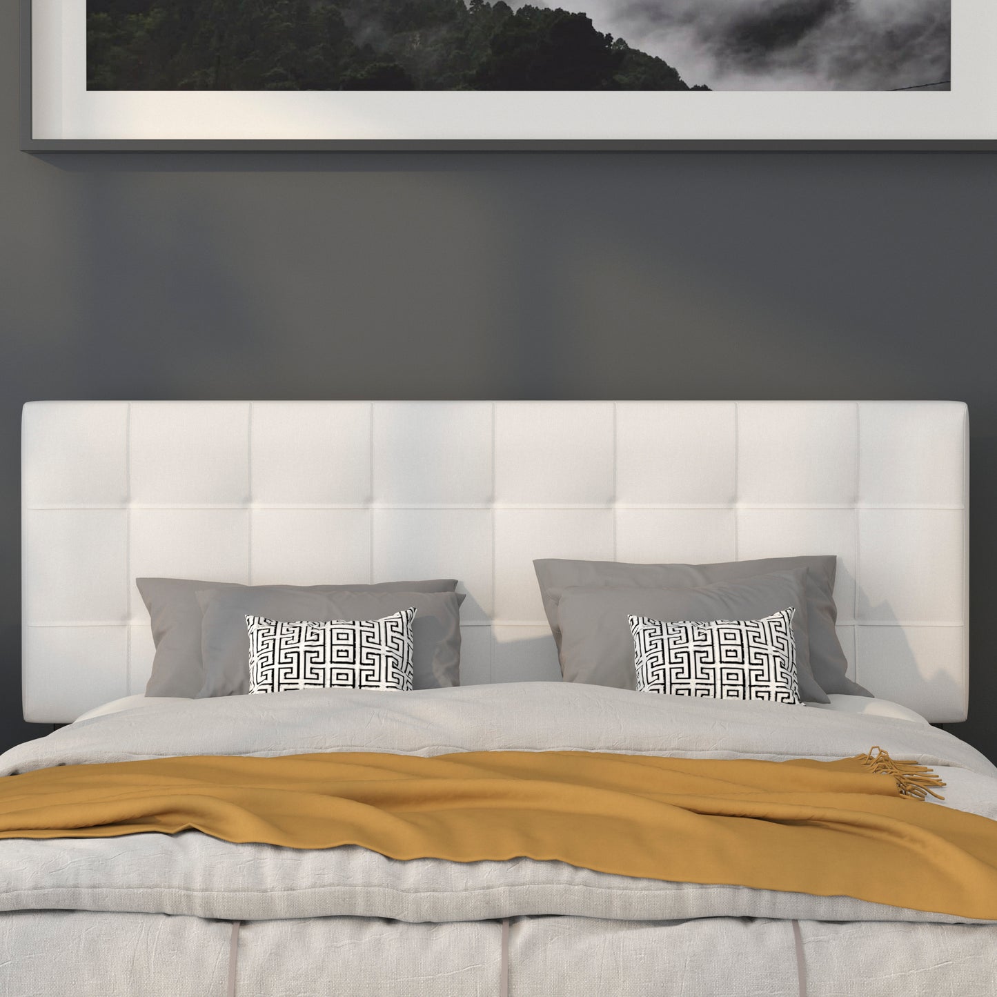 Bedford Tufted Upholstered Queen Size Headboard in White Fabric White