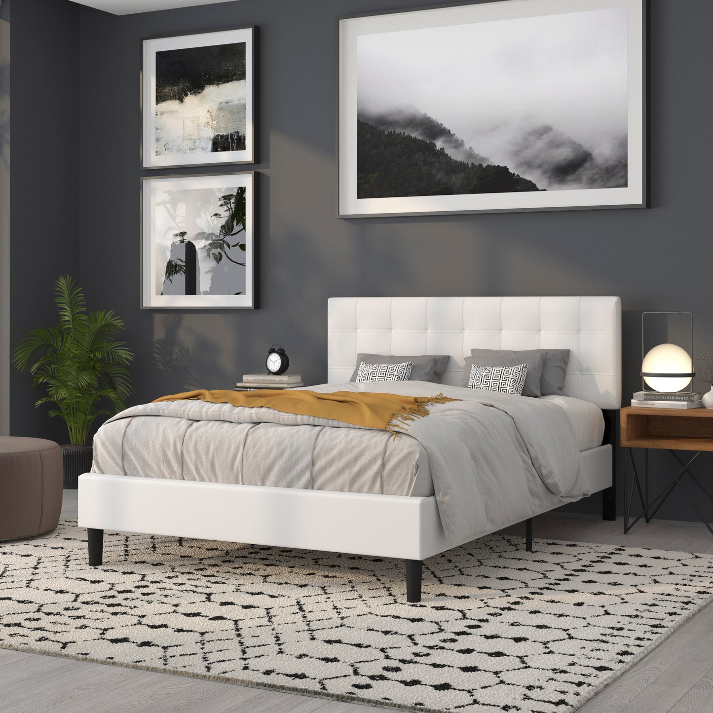 Bedford Tufted Upholstered Queen Size Headboard in White Fabric White