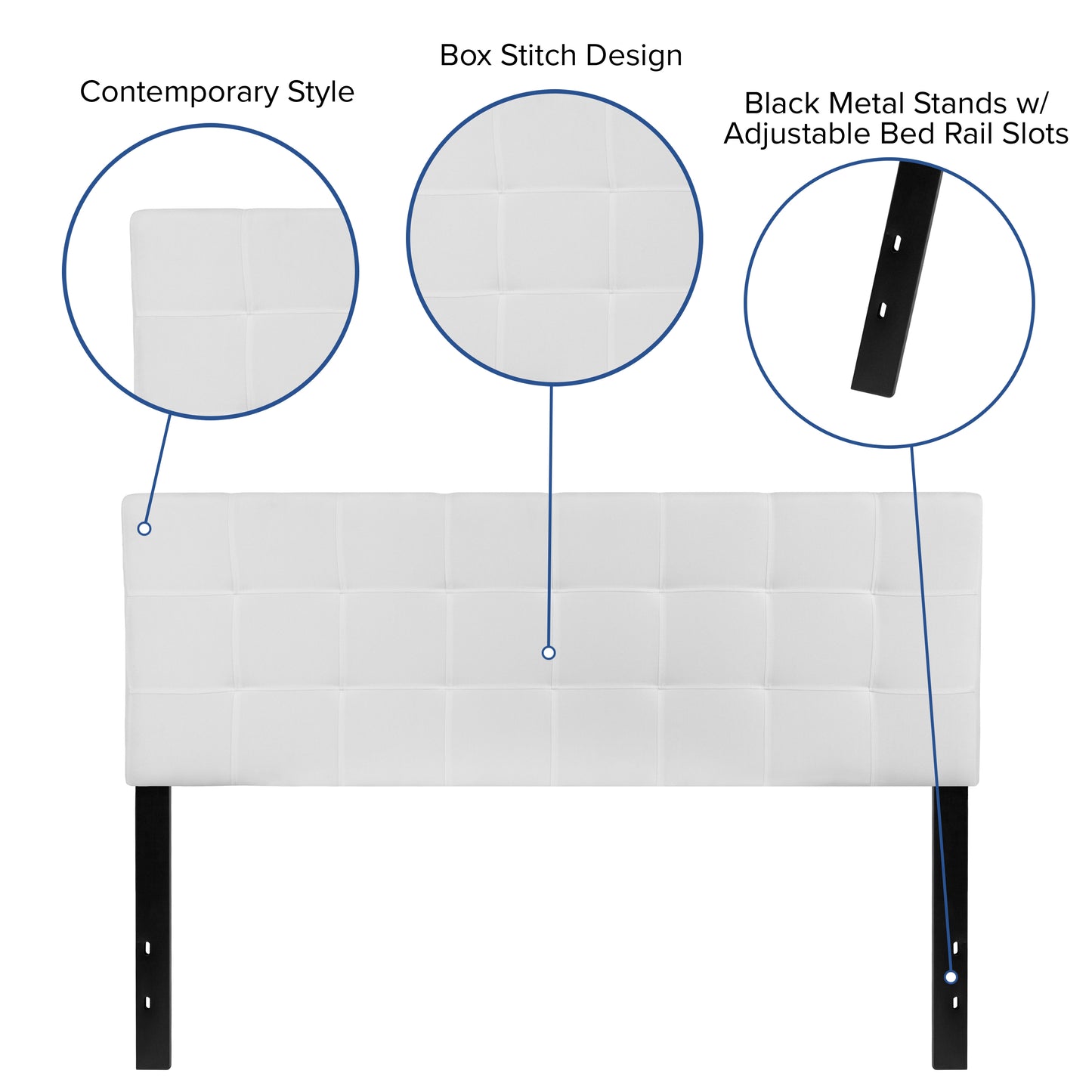 Bedford Tufted Upholstered Queen Size Headboard in White Fabric White
