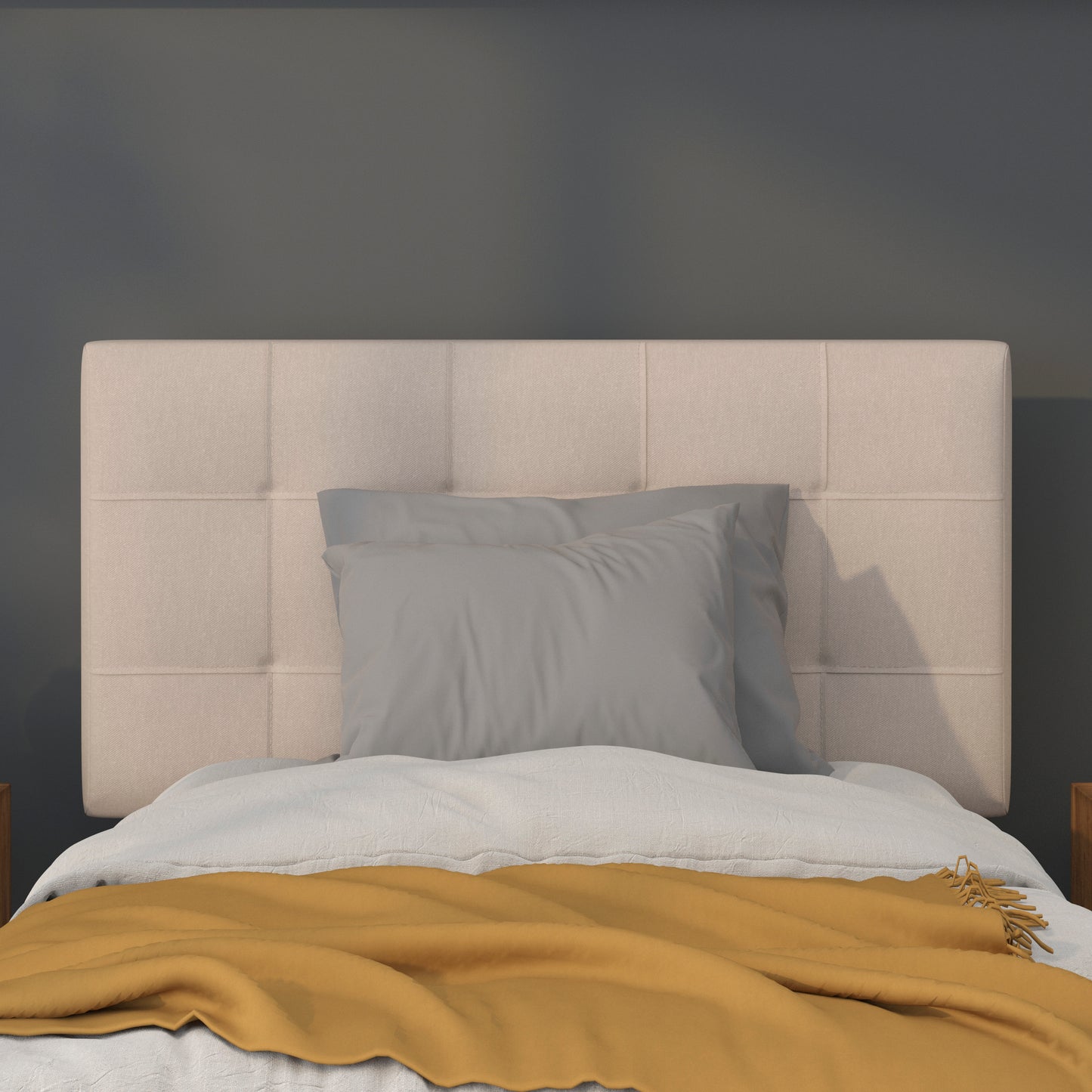 Bedford Tufted Upholstered Twin Size Headboard in Beige Fabric Beige