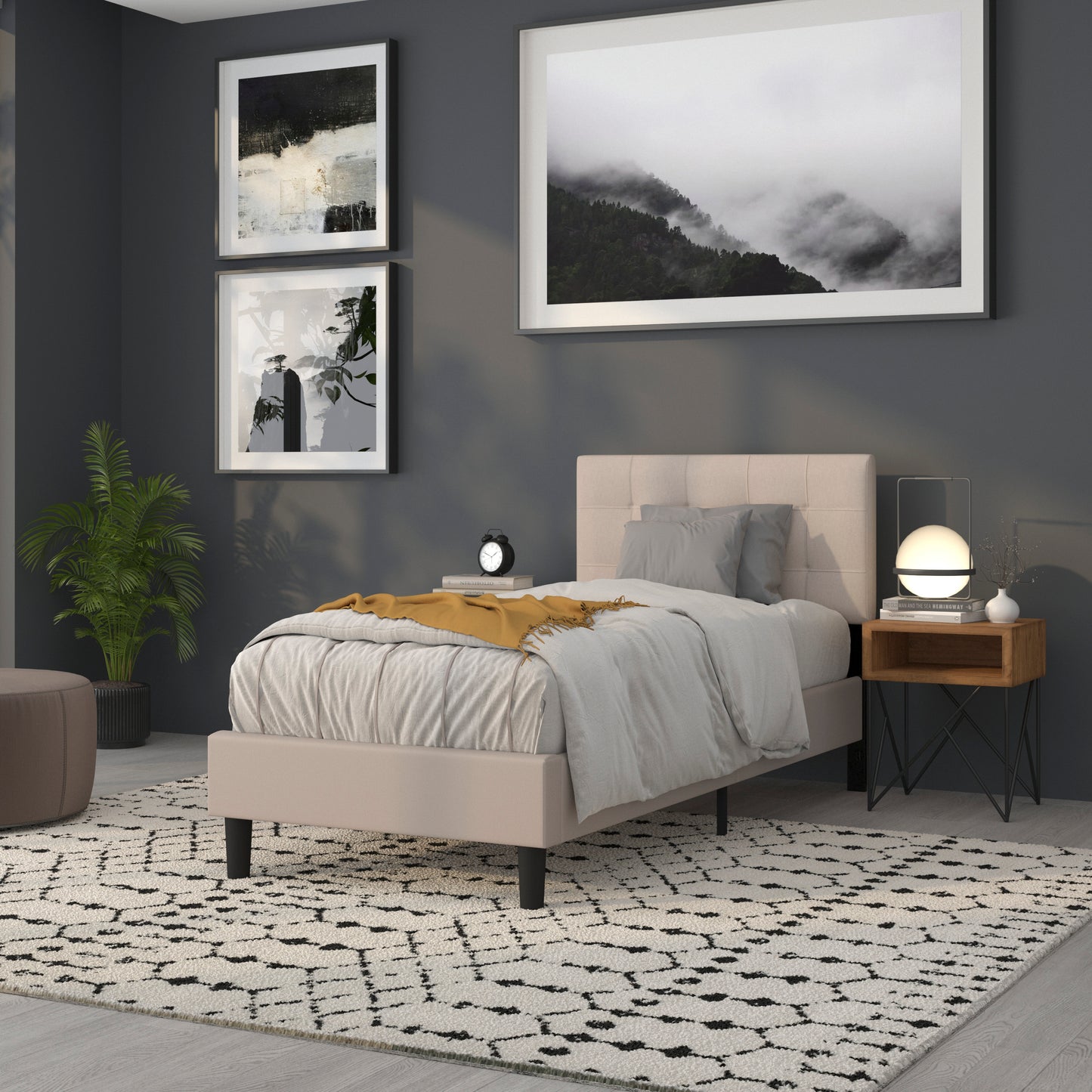 Bedford Tufted Upholstered Twin Size Headboard in Beige Fabric Beige