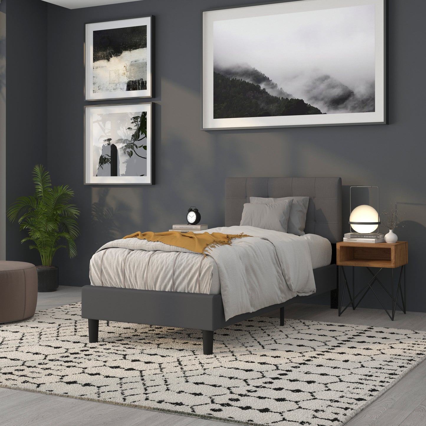 Bedford Tufted Upholstered Twin Size Headboard in Dark Gray Fabric Dark Gray