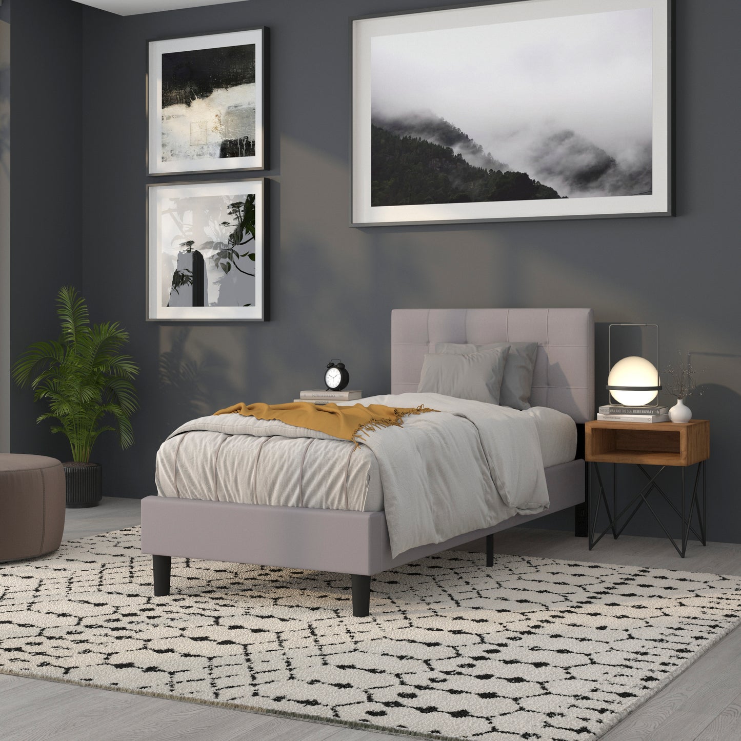 Bedford Tufted Upholstered Twin Size Headboard in Light Gray Fabric Light Gray