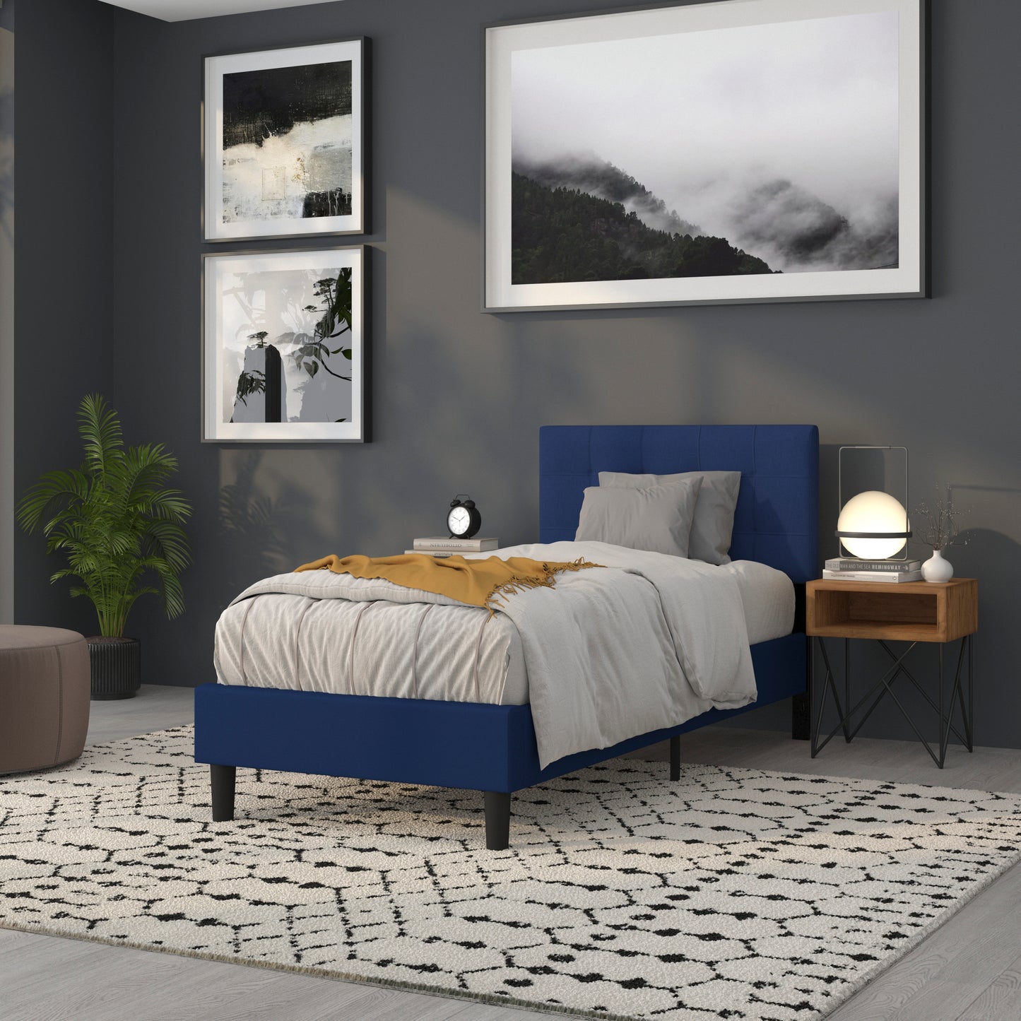 Bedford Tufted Upholstered Twin Size Headboard in Navy Fabric Navy