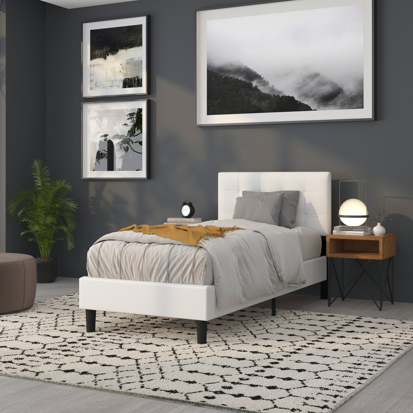 Bedford Tufted Upholstered Twin Size Headboard in White Fabric White
