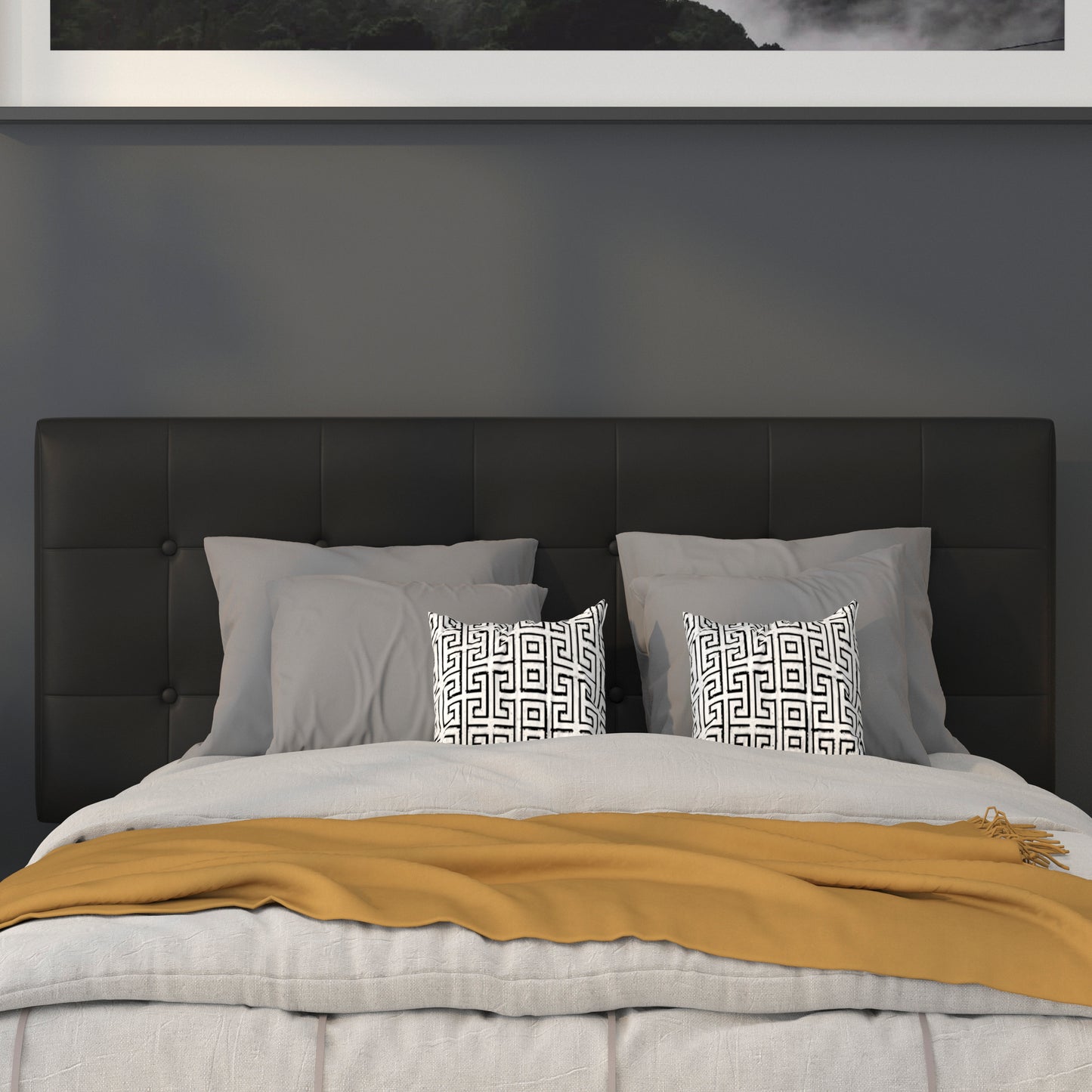 Lennox Tufted Upholstered Full Size Headboard in Black Vinyl Black