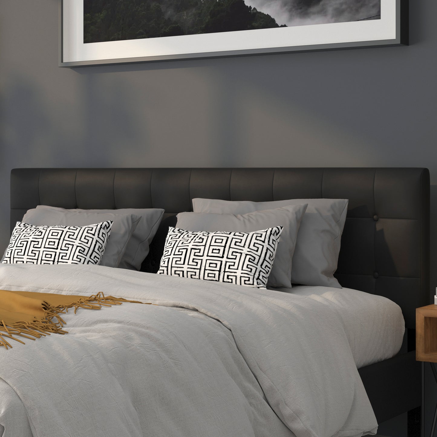 Lennox Tufted Upholstered King Size Headboard in Black Vinyl Black