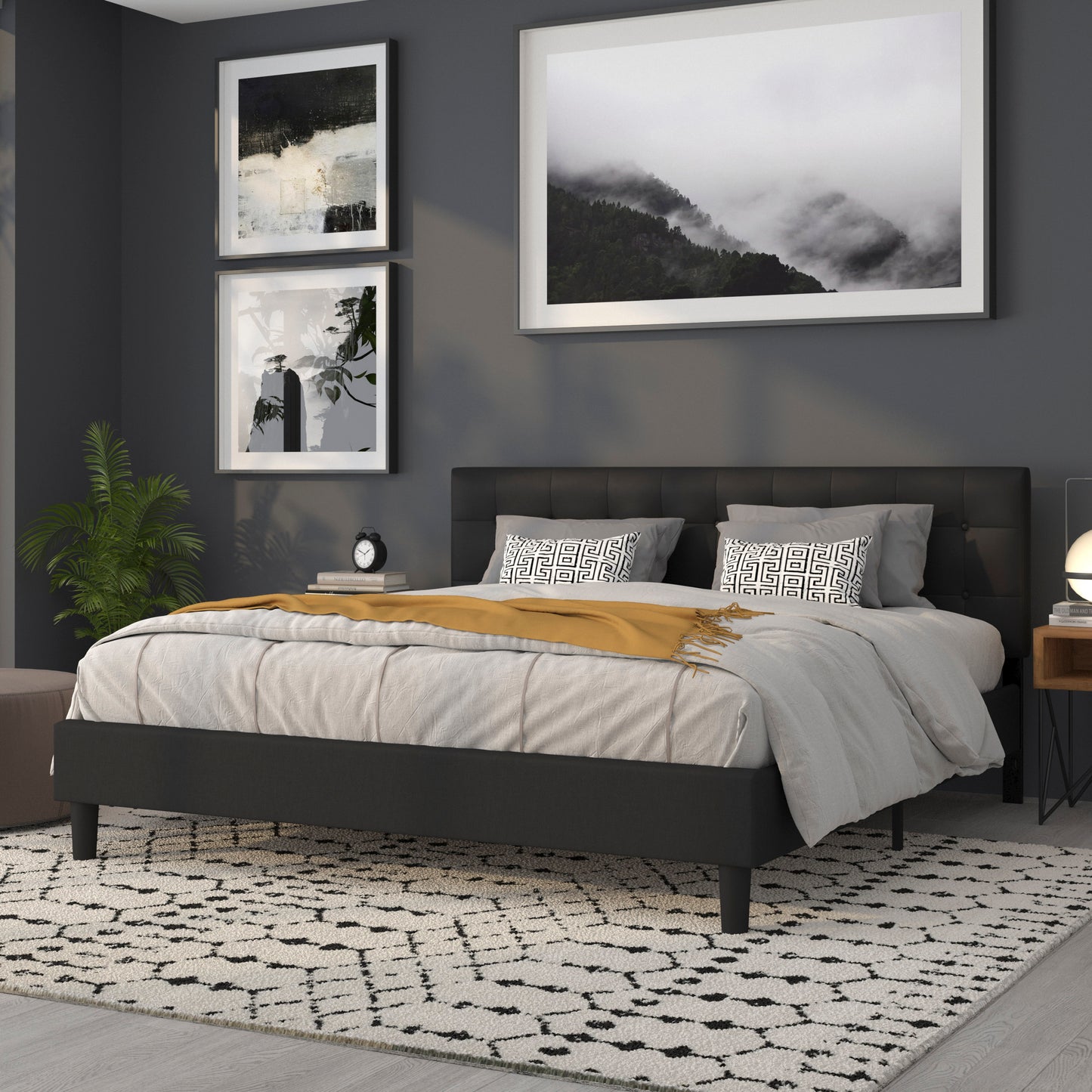 Lennox Tufted Upholstered King Size Headboard in Black Vinyl Black