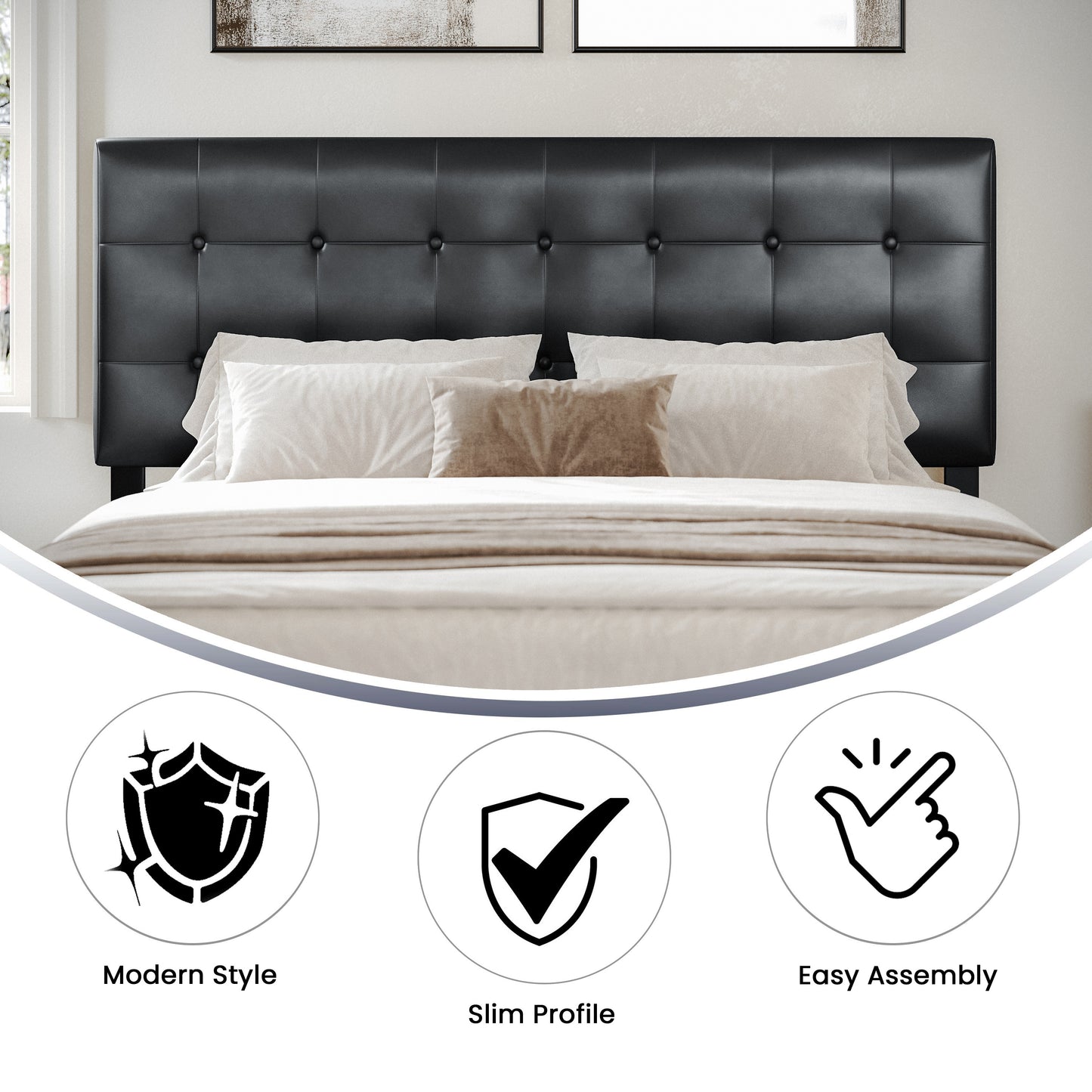 Lennox Tufted Upholstered Queen Size Headboard in Black Vinyl Black