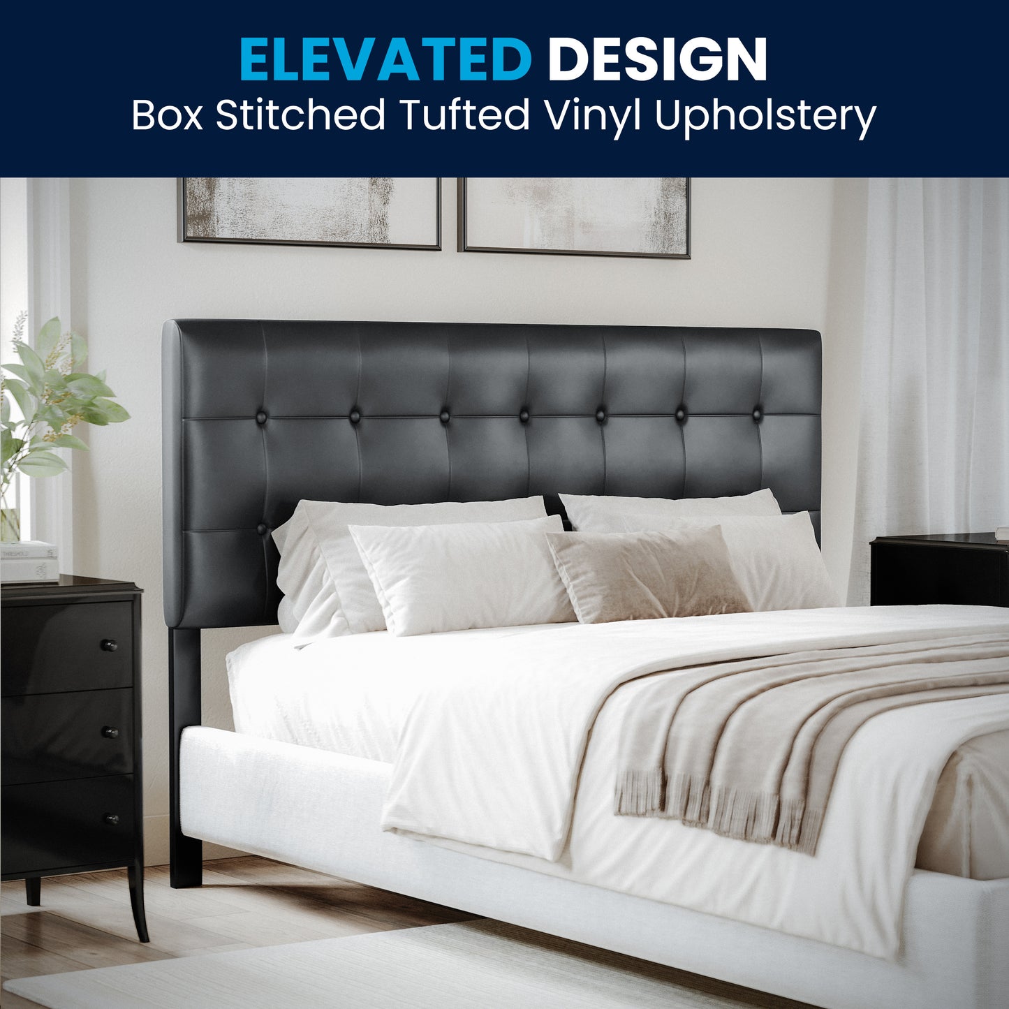Lennox Tufted Upholstered Queen Size Headboard in Black Vinyl Black