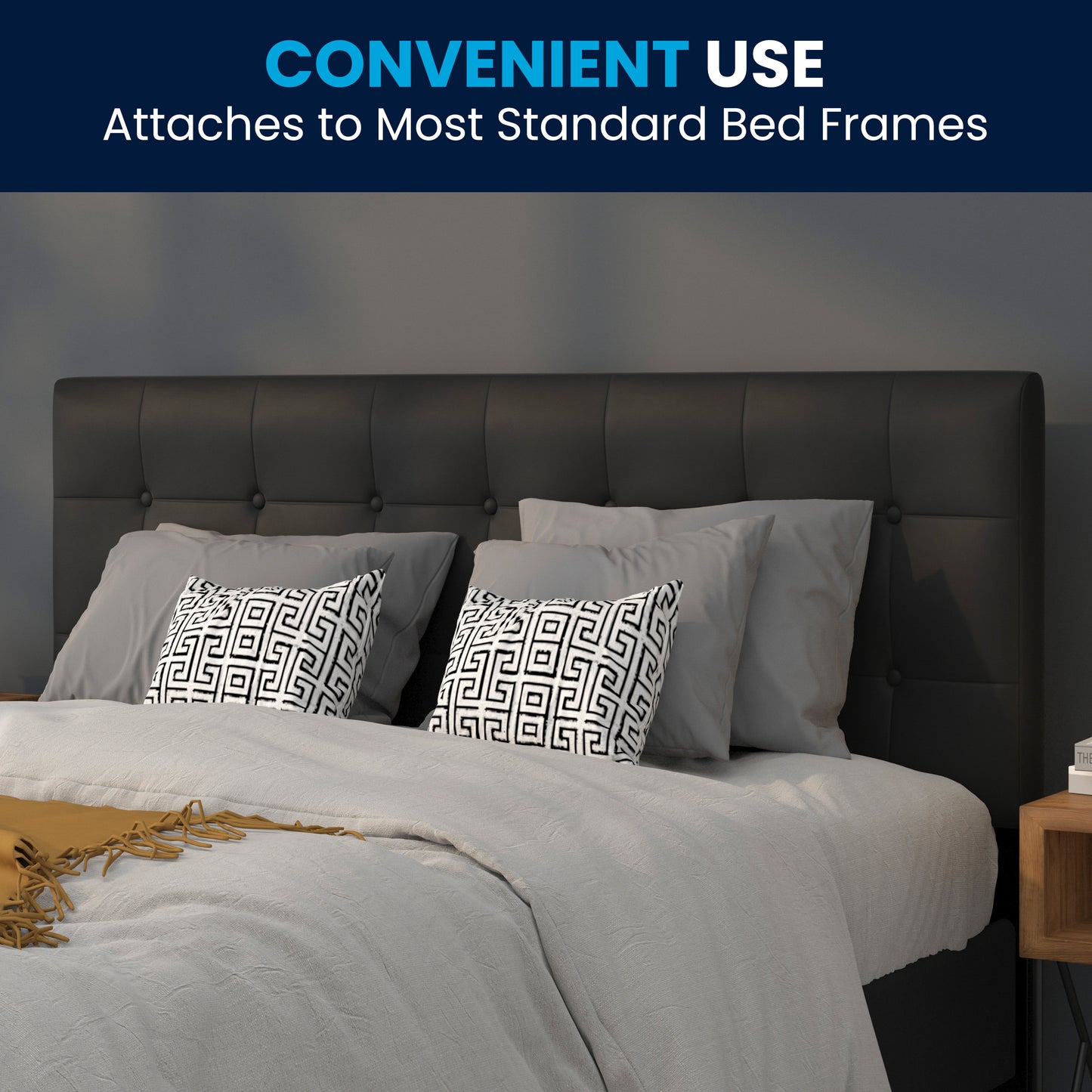 Lennox Tufted Upholstered Queen Size Headboard in Black Vinyl Black