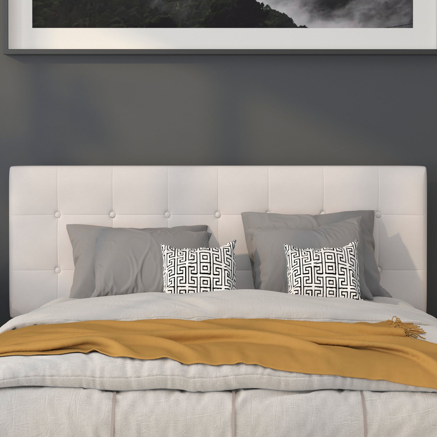 Lennox Tufted Upholstered Queen Size Headboard in White Vinyl White