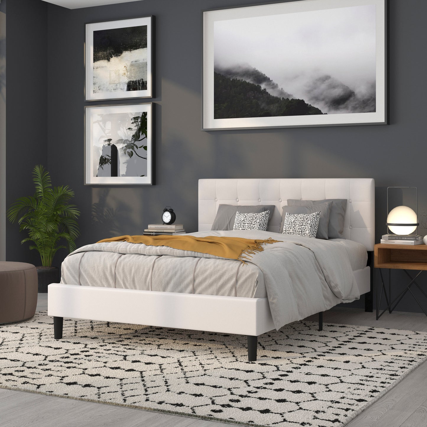 Lennox Tufted Upholstered Queen Size Headboard in White Vinyl White