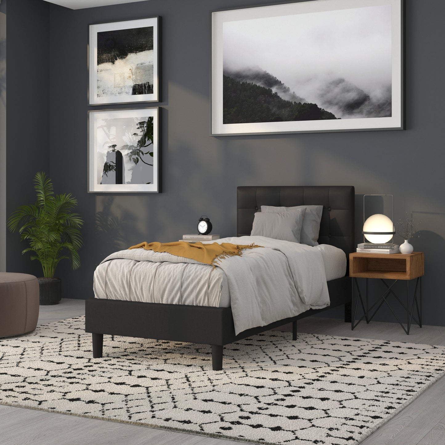 Lennox Tufted Upholstered Twin Size Headboard in Black Vinyl Black HG-HB1705-T-BK-GG