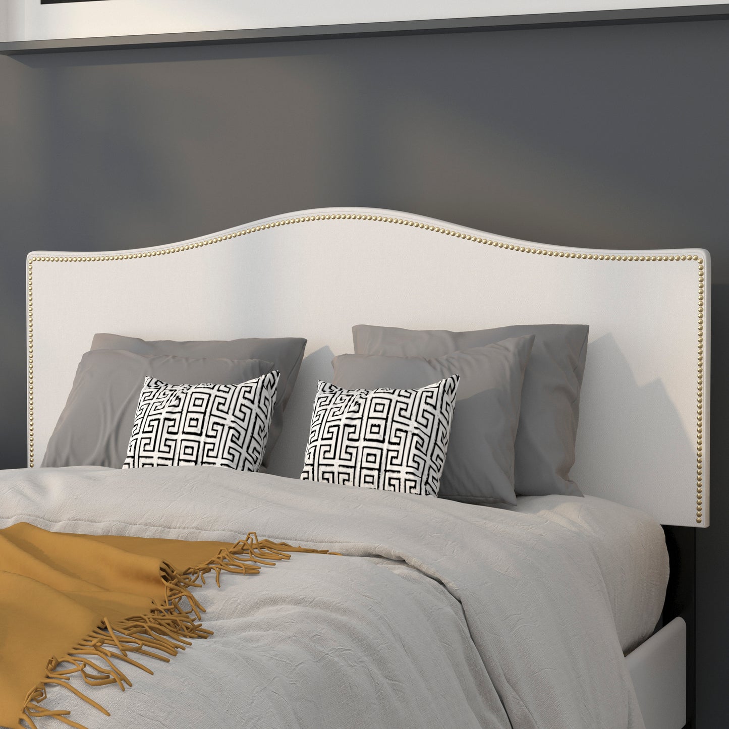 Lexington Upholstered Full Size Headboard with Accent Nail Trim in White Fabric White