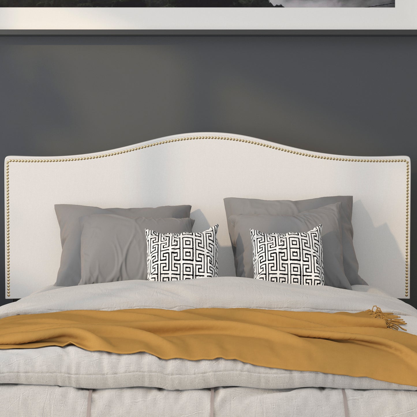Lexington Upholstered Full Size Headboard with Accent Nail Trim in White Fabric White