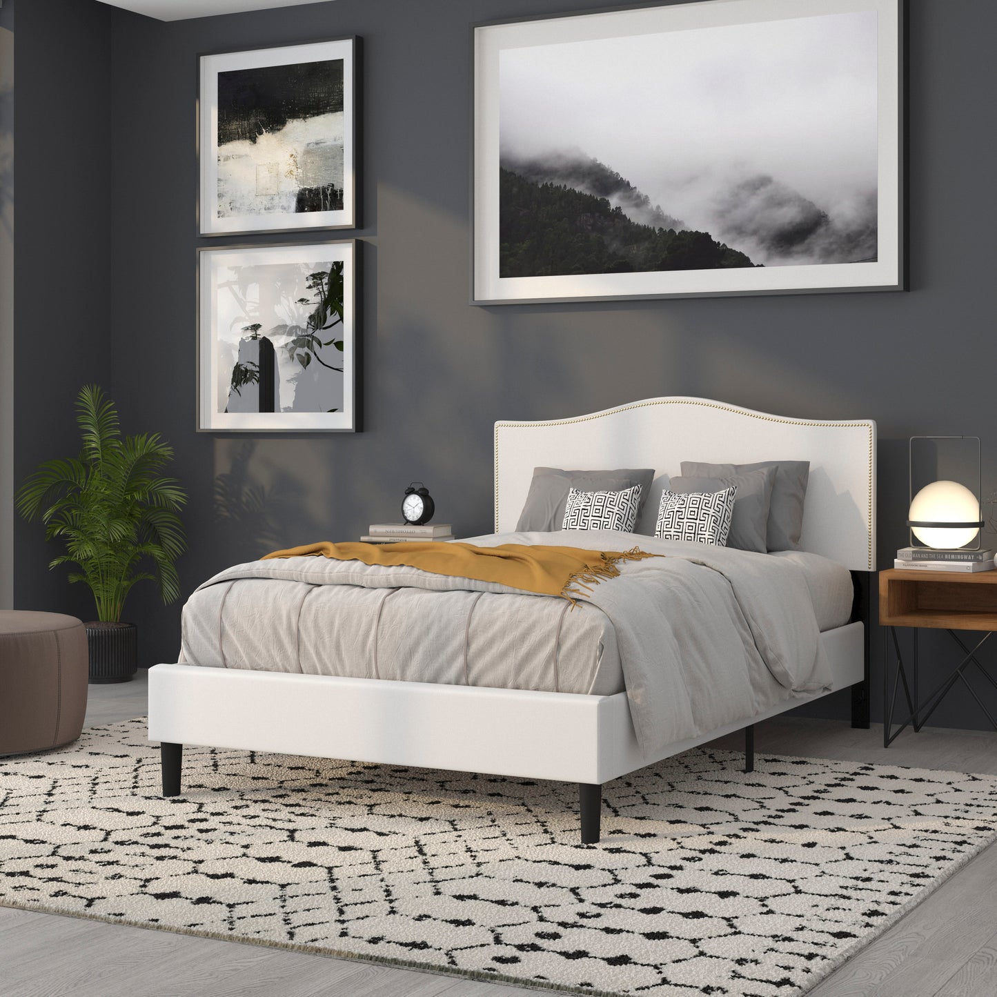 Lexington Upholstered Full Size Headboard with Accent Nail Trim in White Fabric White