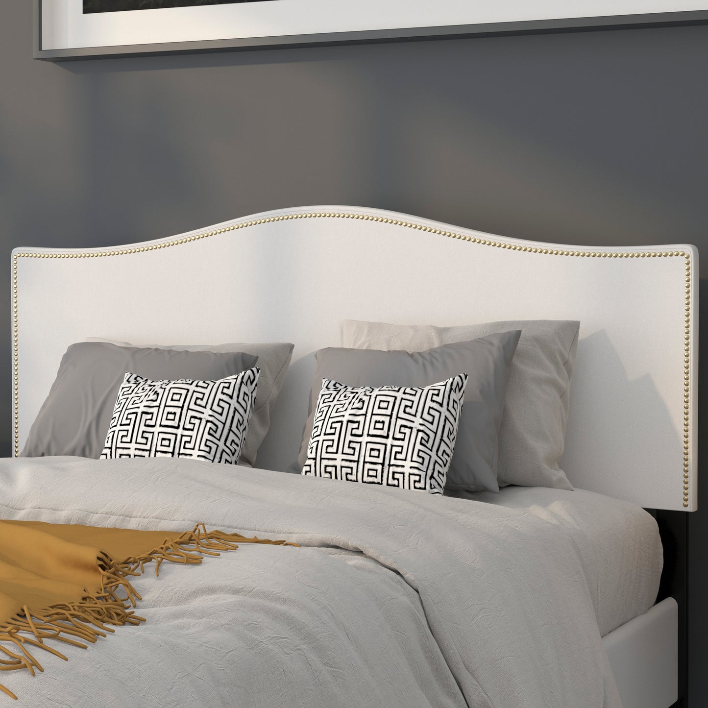 Lexington Upholstered Queen Size Headboard with Accent Nail Trim in White Fabric White