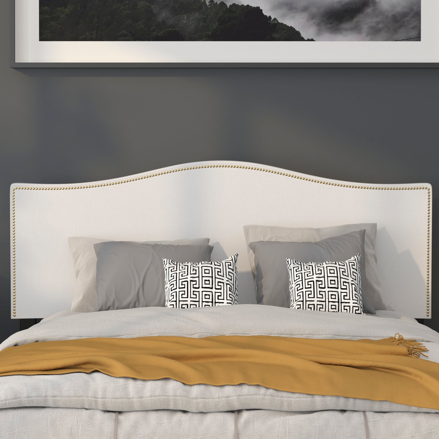 Lexington Upholstered Queen Size Headboard with Accent Nail Trim in White Fabric White