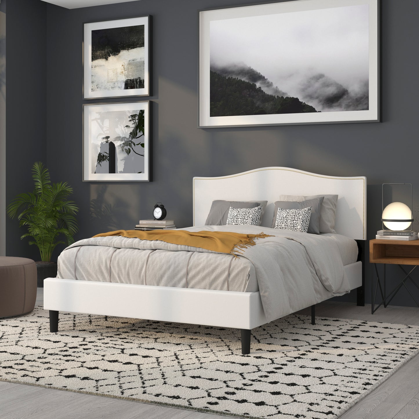 Lexington Upholstered Queen Size Headboard with Accent Nail Trim in White Fabric White