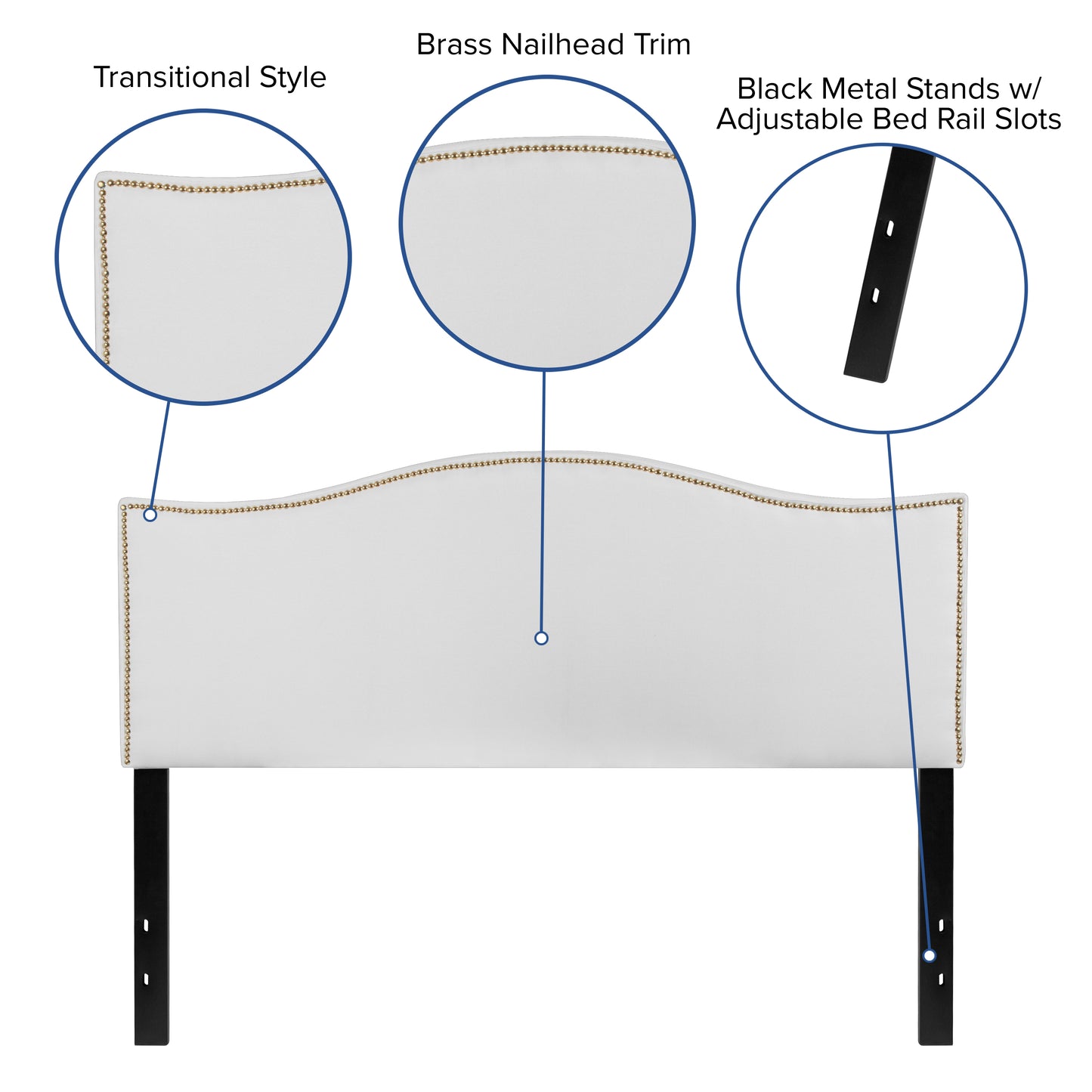 Lexington Upholstered Queen Size Headboard with Accent Nail Trim in White Fabric White