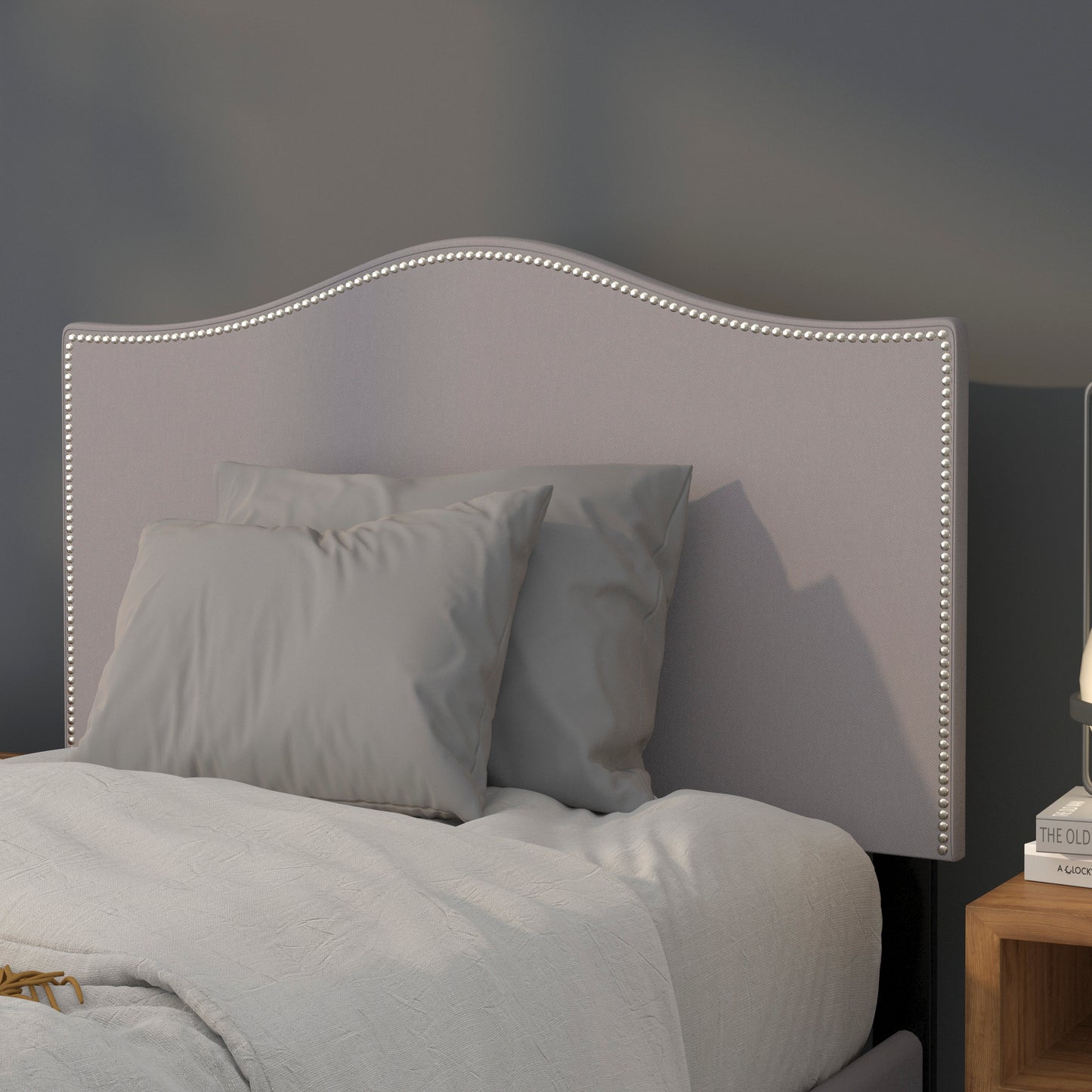 Lexington Upholstered Twin Size Headboard with Accent Nail Trim in Light Gray Fabric Light Gray