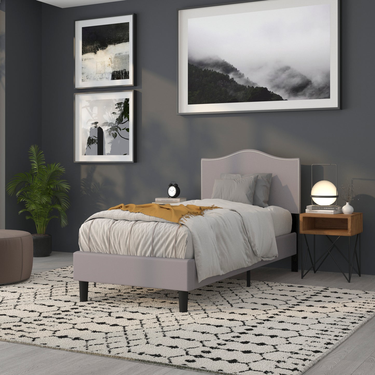 Lexington Upholstered Twin Size Headboard with Accent Nail Trim in Light Gray Fabric Light Gray