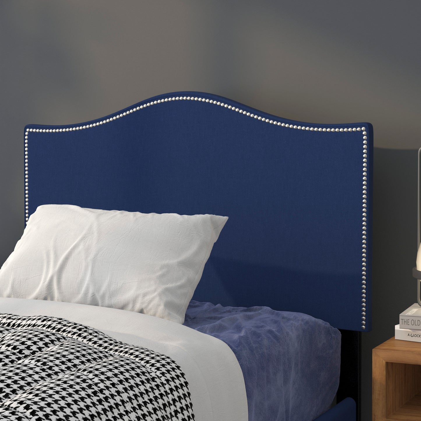 Lexington Upholstered Twin Size Headboard with Accent Nail Trim in Navy Fabric Navy